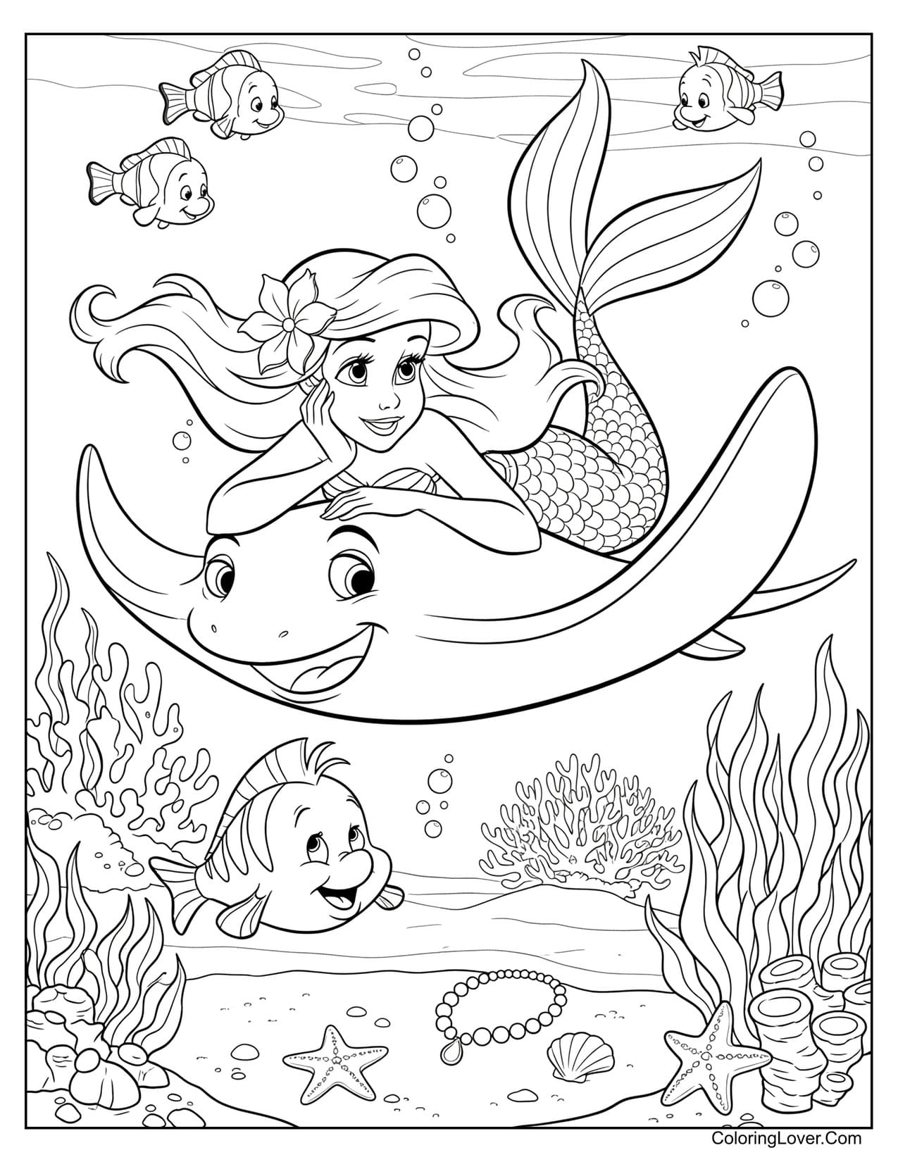 Ariel riding a manta ray coloring page