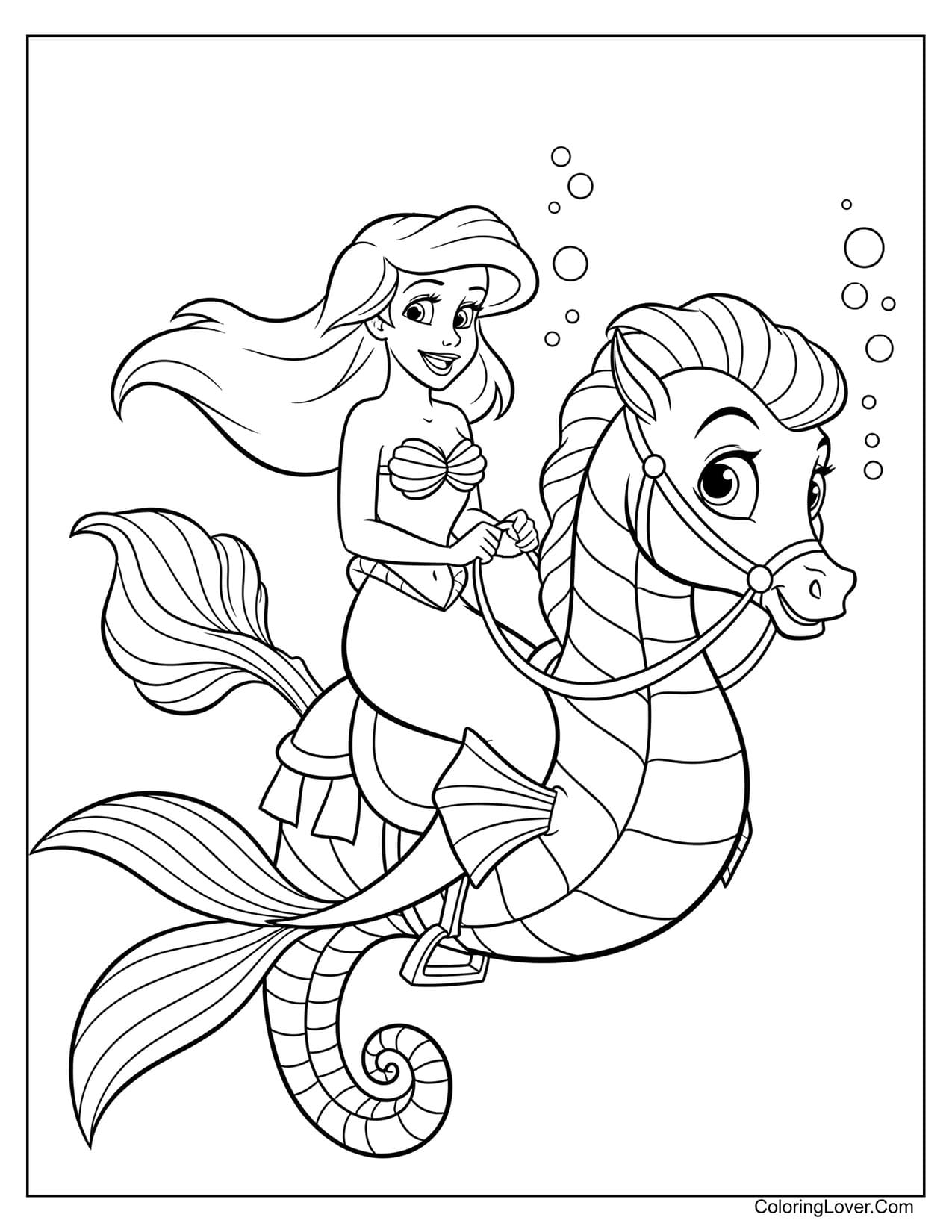 Ariel riding a seahorse through seaweed and bubbles coloring page