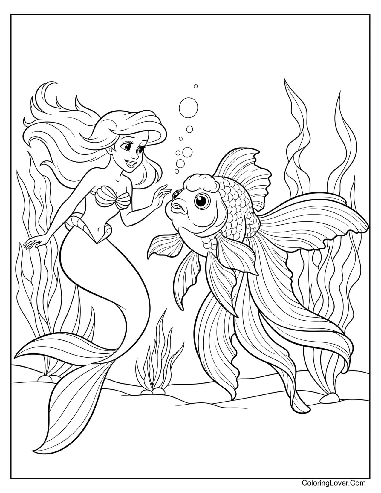 Ariel talking to a big fancy fish near coral reef coloring page