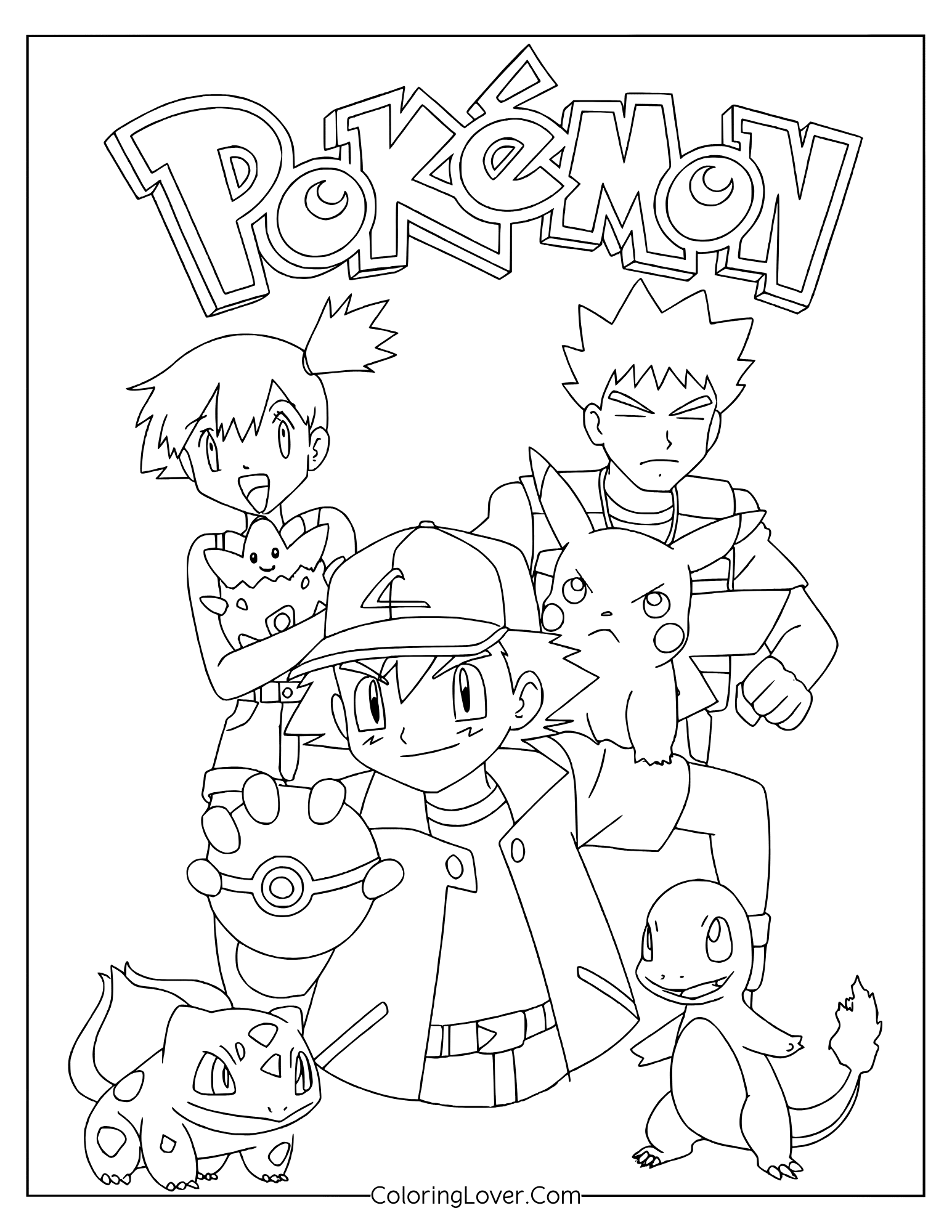 Pokemon coloring page featuring Ash, Misty, Brock with Pokémons in family photo style
