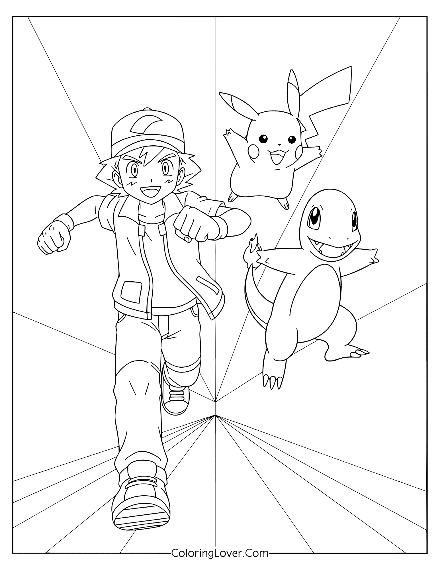 Ash running with Pikachu and Charmander behind him coloring page