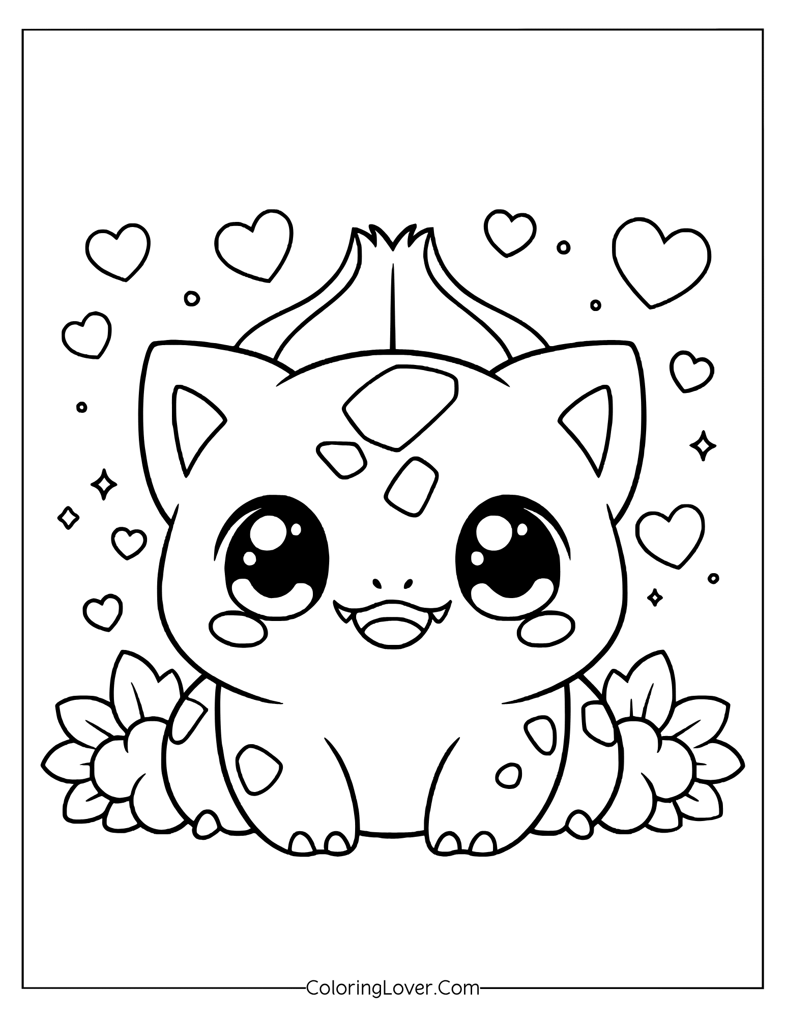 Pokemon coloring page featuring baby Bulbasaur with sparkling eyes and hearts around
