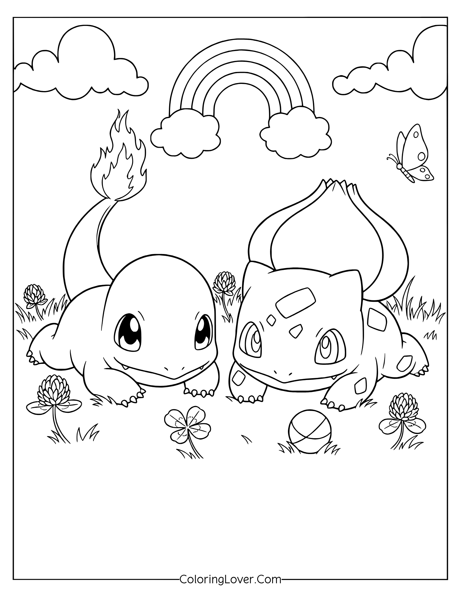 Baby Charmander and Bulbasaur laying in grass with mushrooms coloring page