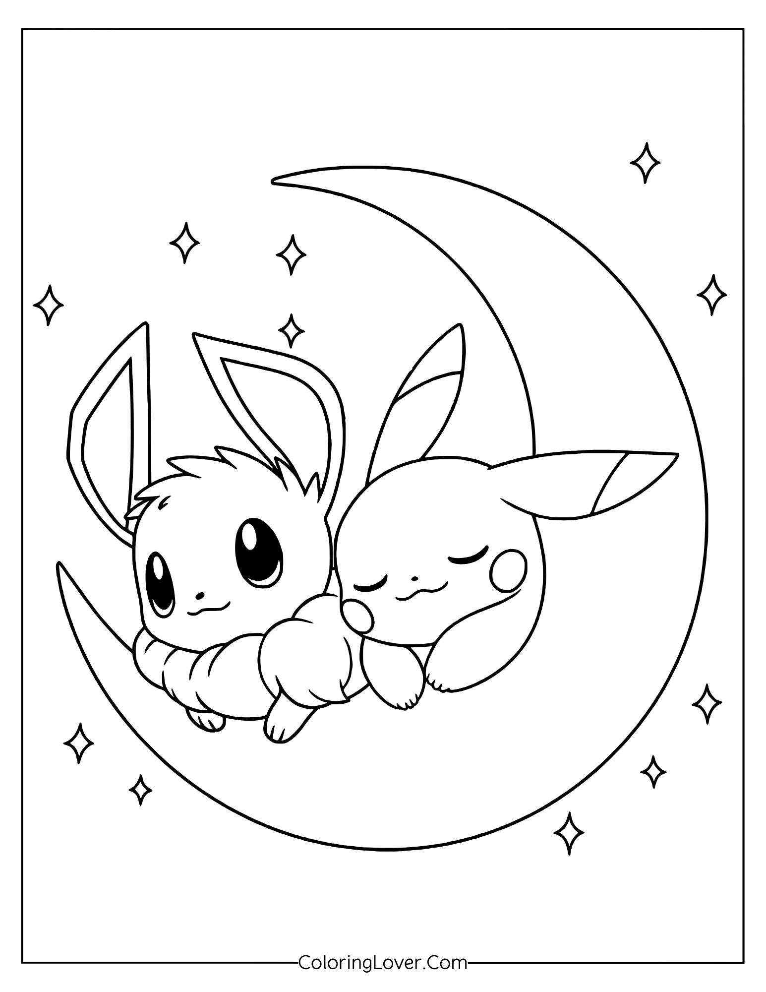 Baby Eevee and Pikachu cuddling on crescent moon with sparkles coloring page