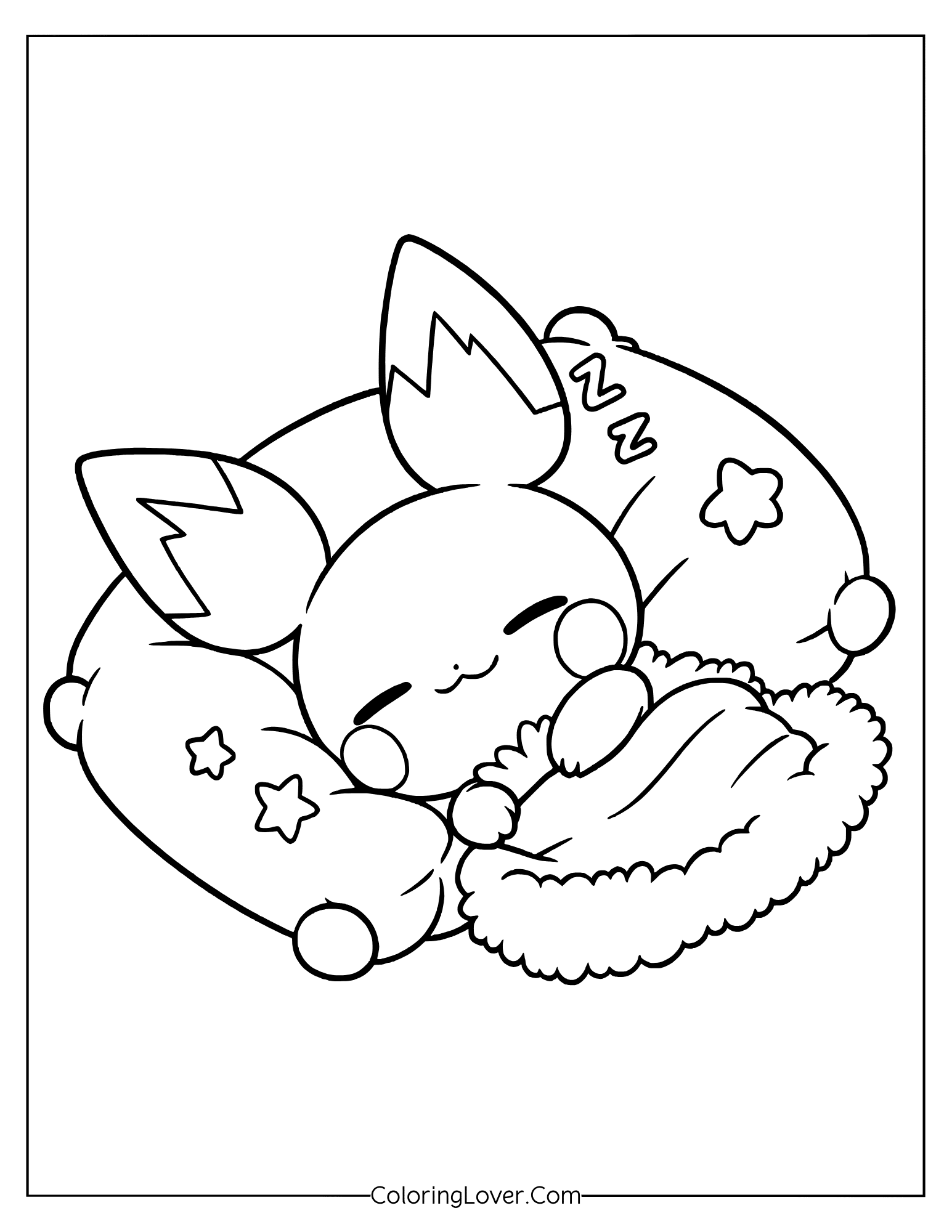 Pokemon coloring page featuring baby Eevee sleeping on pillow with stars around peacefully