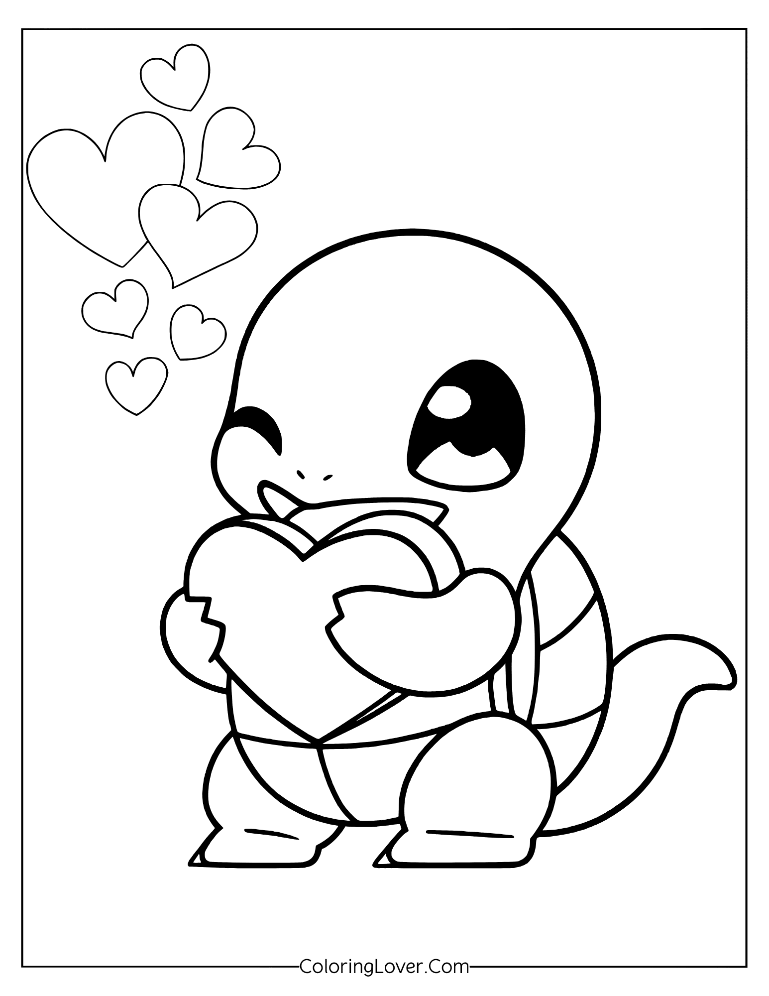 Baby Squirtle hugging heart-shaped cushion with smile coloring page