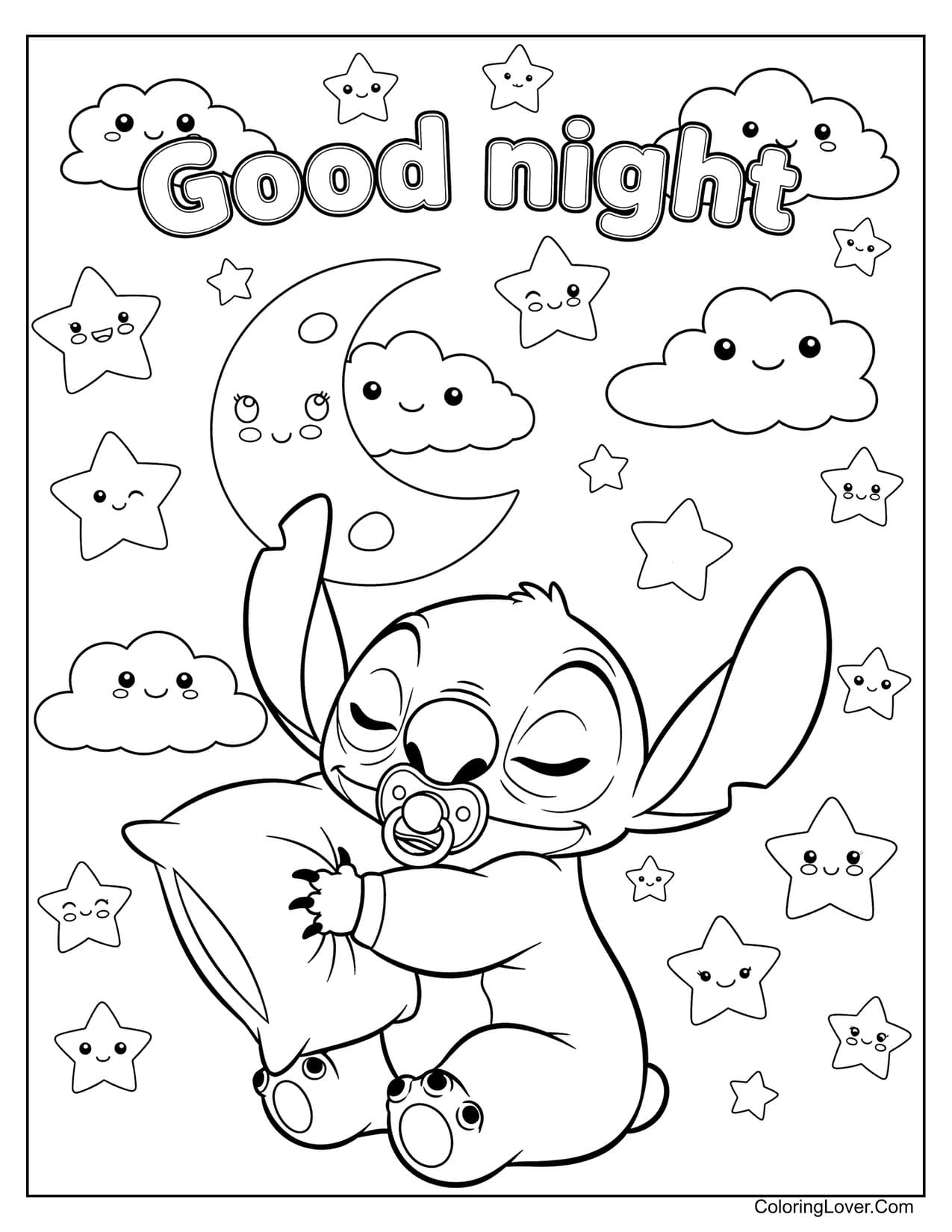 Baby Stitch cuddling pillow under stars bedtime coloring page