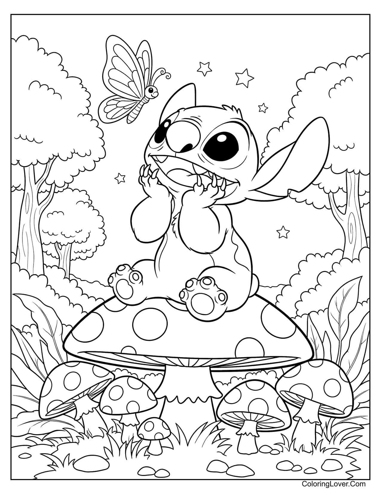 Baby Stitch sitting on mushroom forest coloring page
