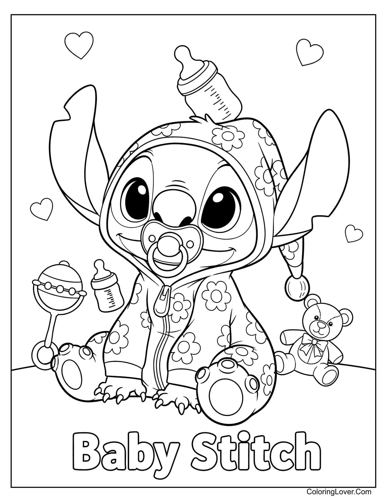 Baby Stitch surrounded by baby toys hoodie coloring page