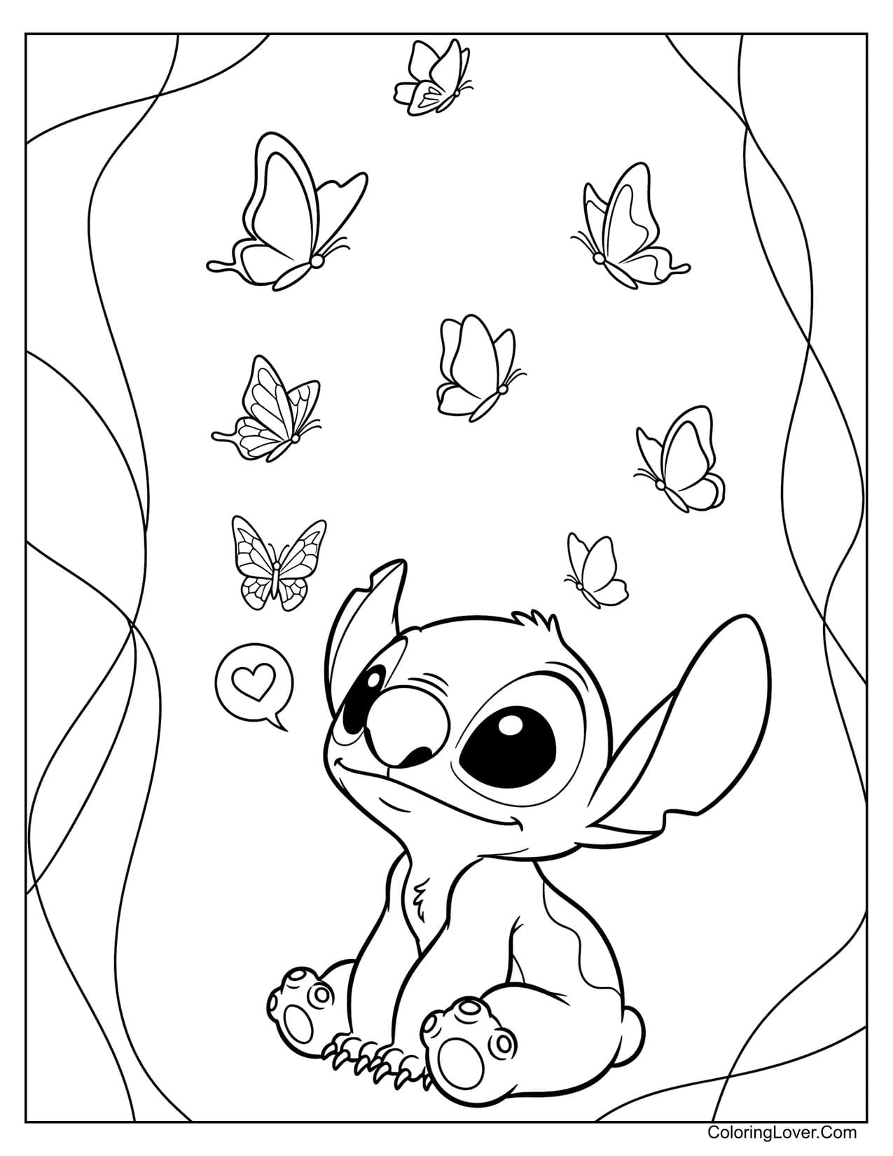 Baby Stitch watching butterflies whimsical coloring page