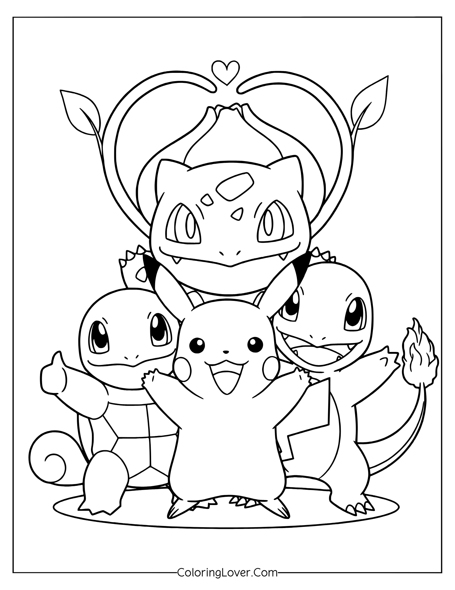 Bulbasaur, Pikachu, Charmander and Squirtle stacked in heart frame coloring page
