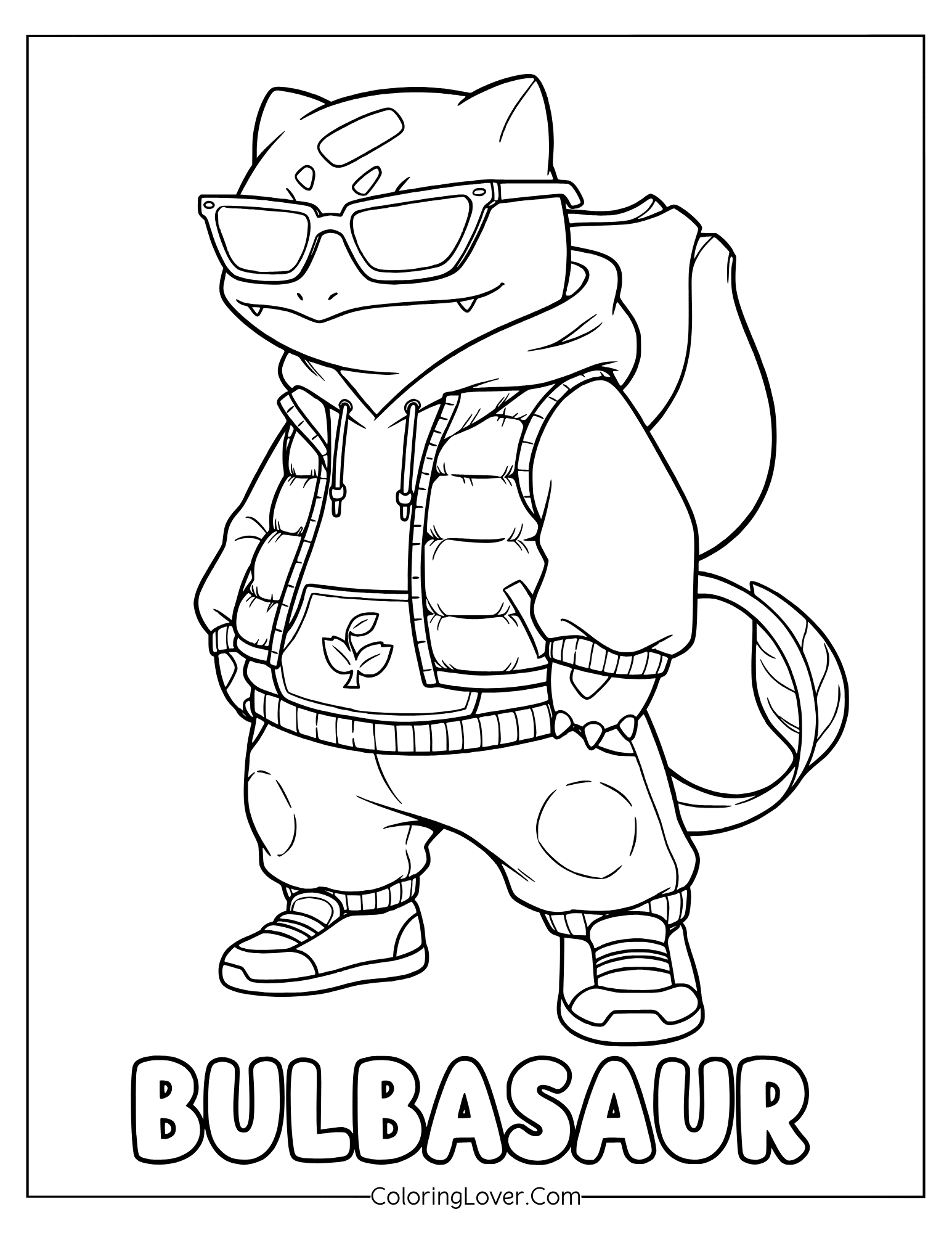 Bulbasaur with vest, shades and hands in pockets in street style in a coloring page for adults