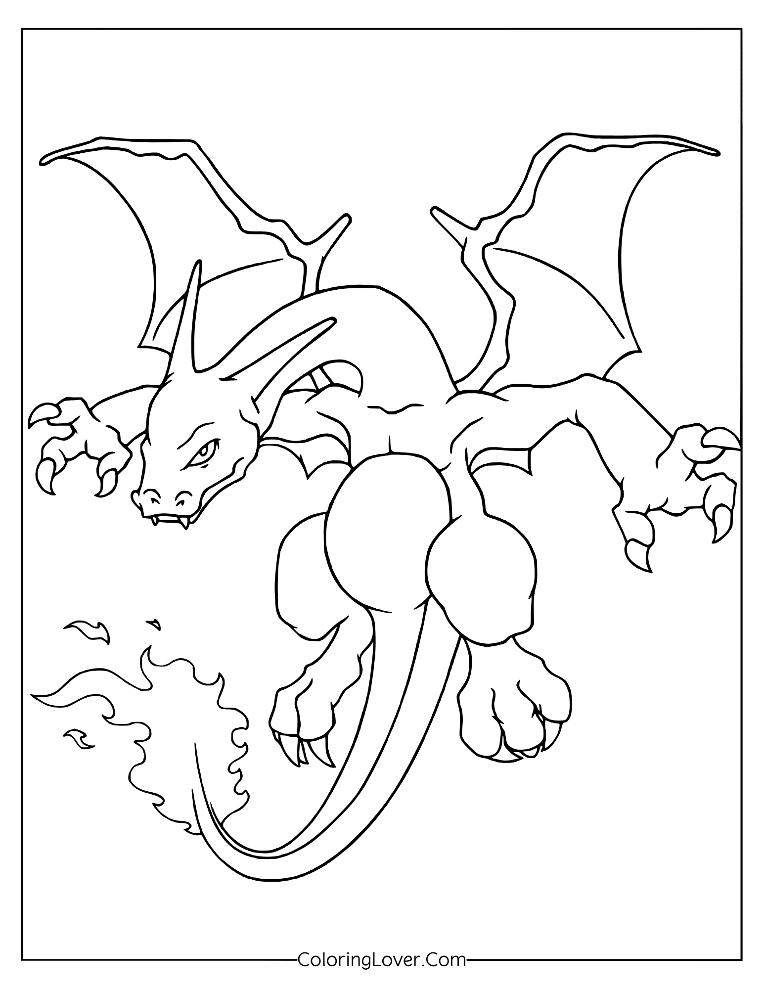 Pokemon coloring page featuring Charizard flying through sky with fire on its tail