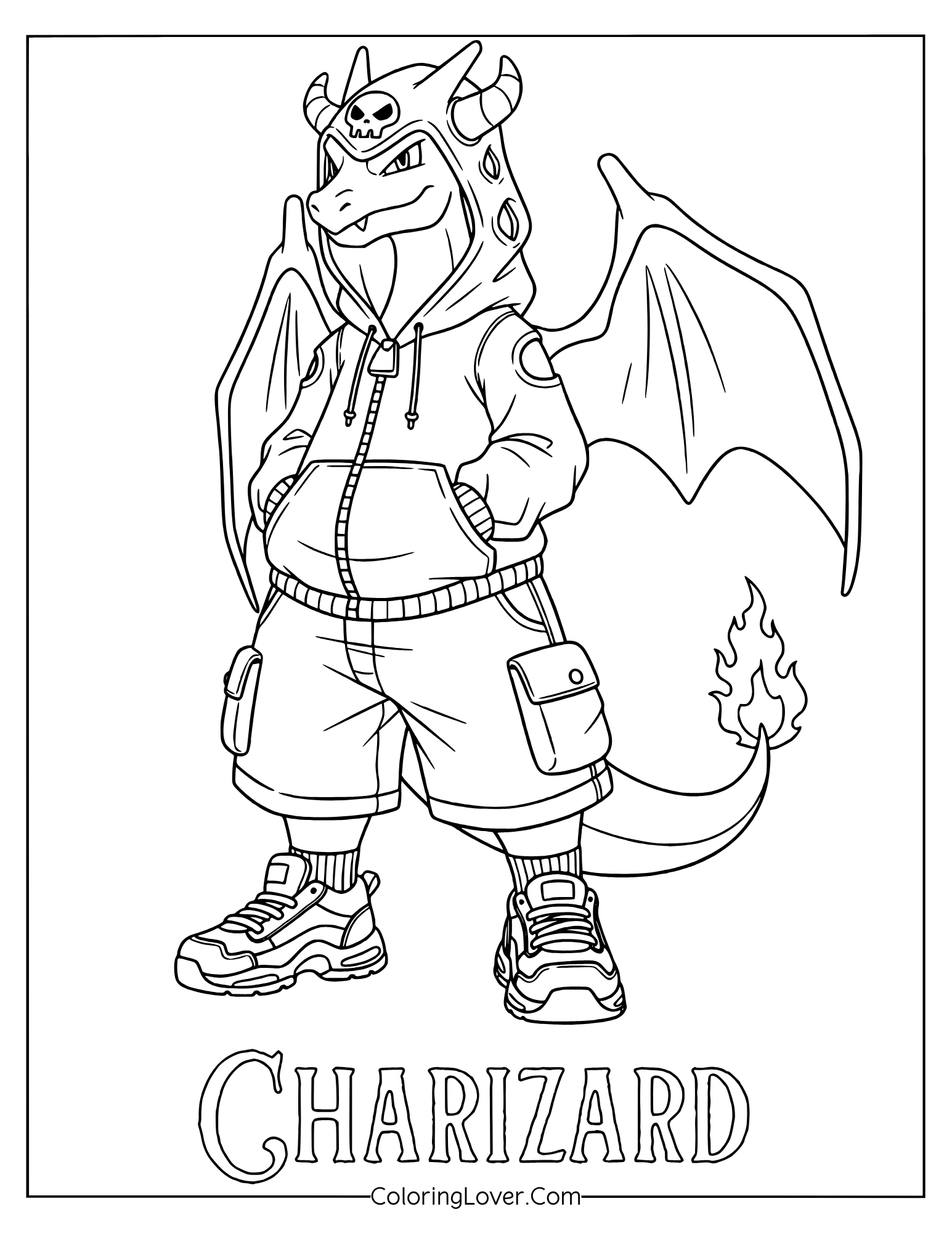 Charizard in streetwear outfit with hoodie, shorts and sneakers in a coloring page for adults