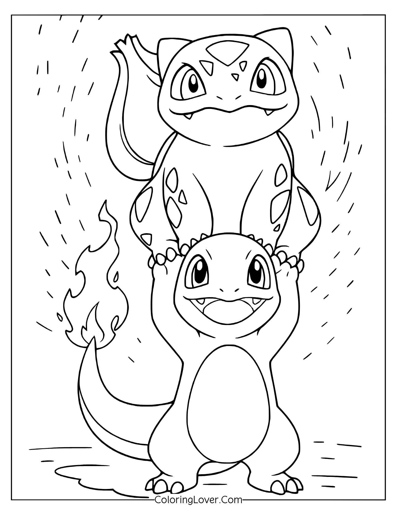 Charmander carrying Bulbasaur on shoulders smiling together coloring page