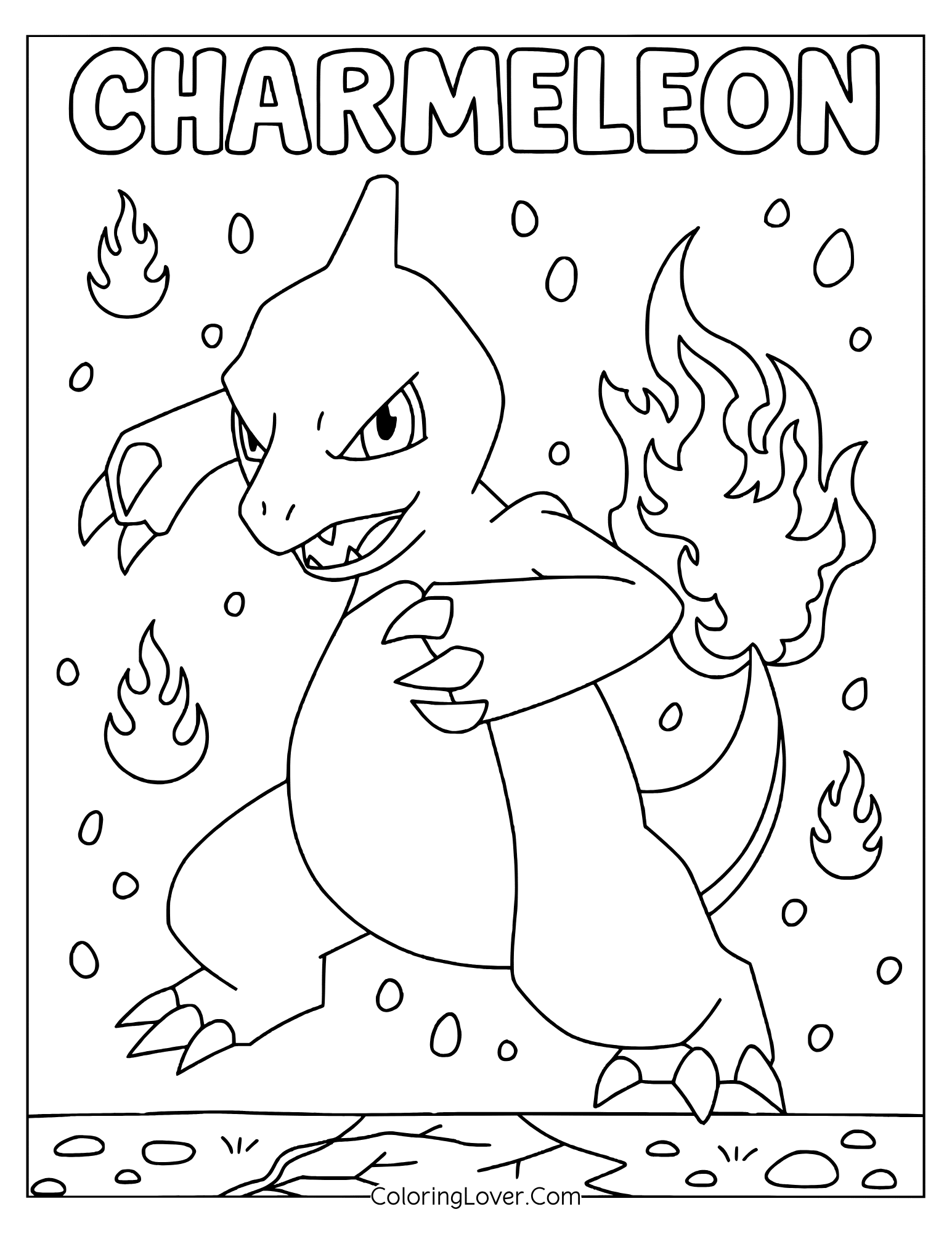Charmeleon surrounded by flames and walking forward coloring page