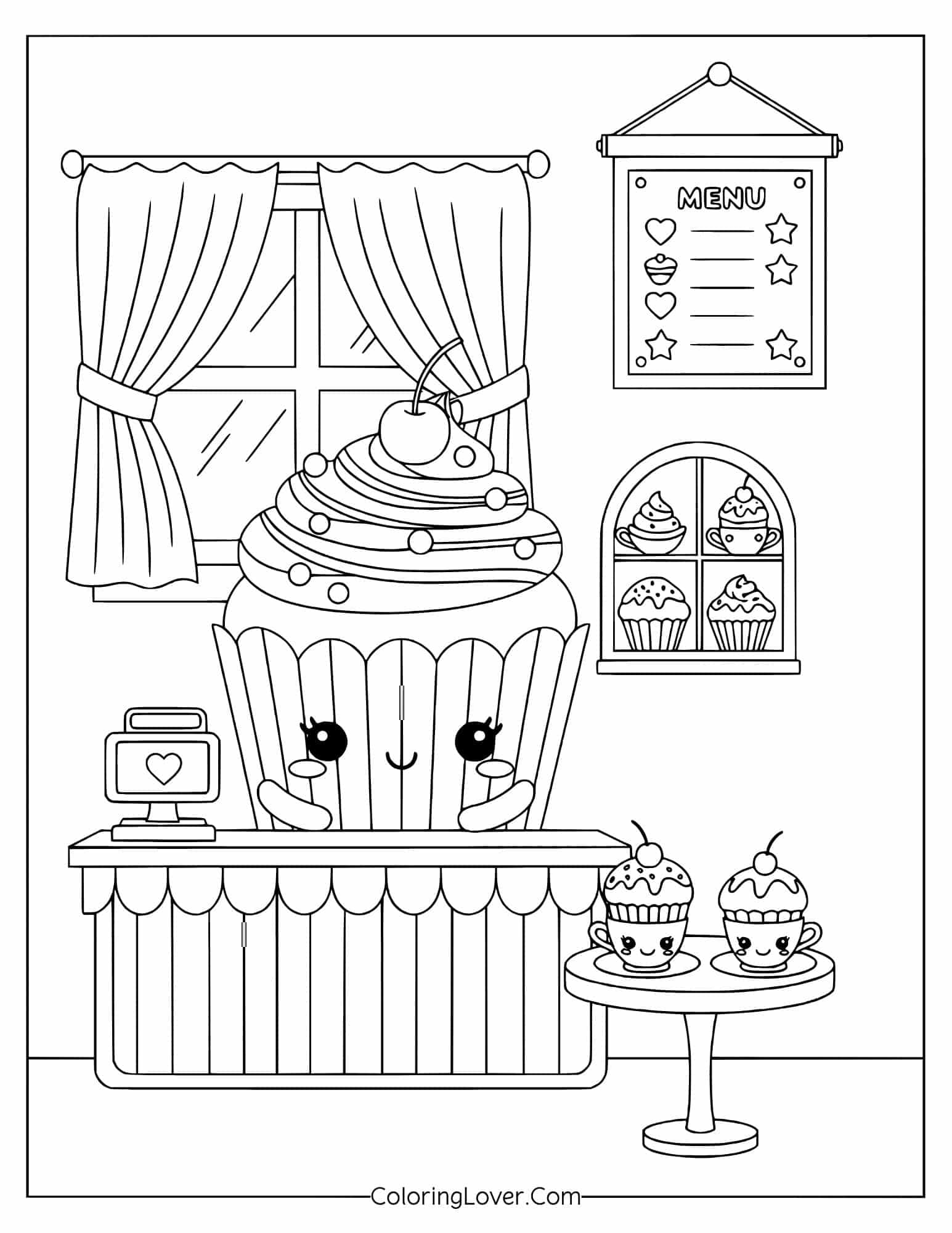 Coloring page of a giant kawaii cupcake in a bakery setting