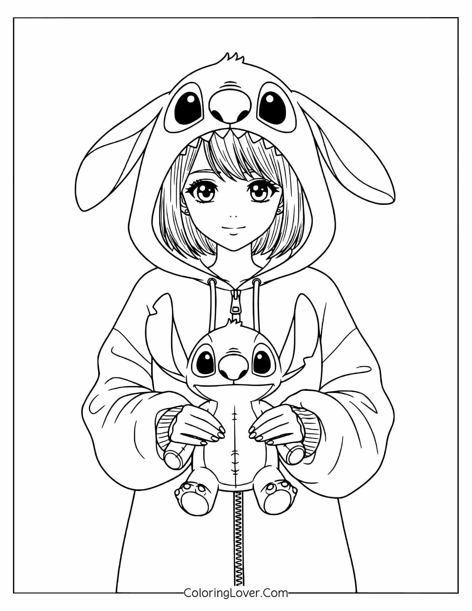 Coloring page of a kawaii anime girl in Stitch hoodie holding Stitch plush toy