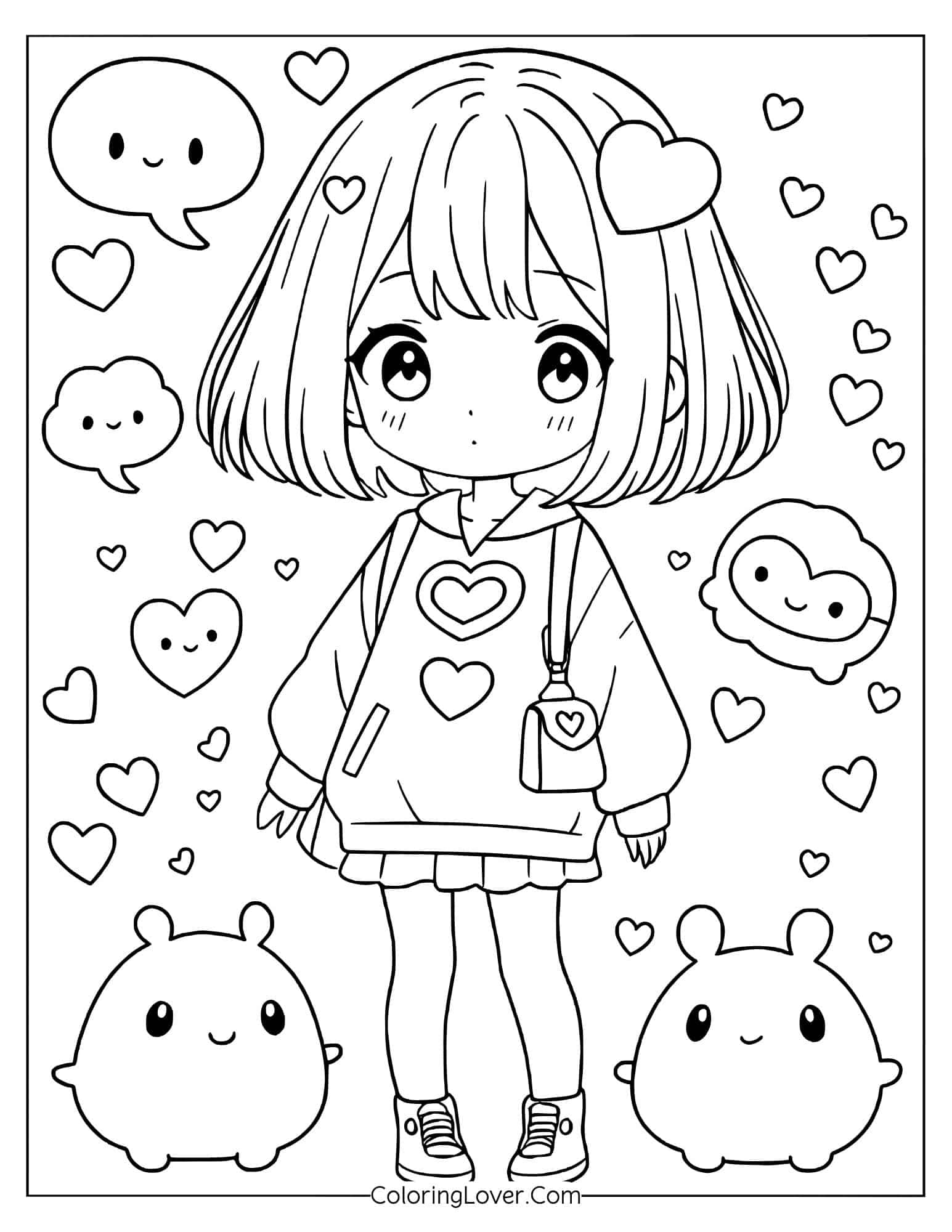 Coloring page of a kawaii anime girl with heart sweater and cute creatures