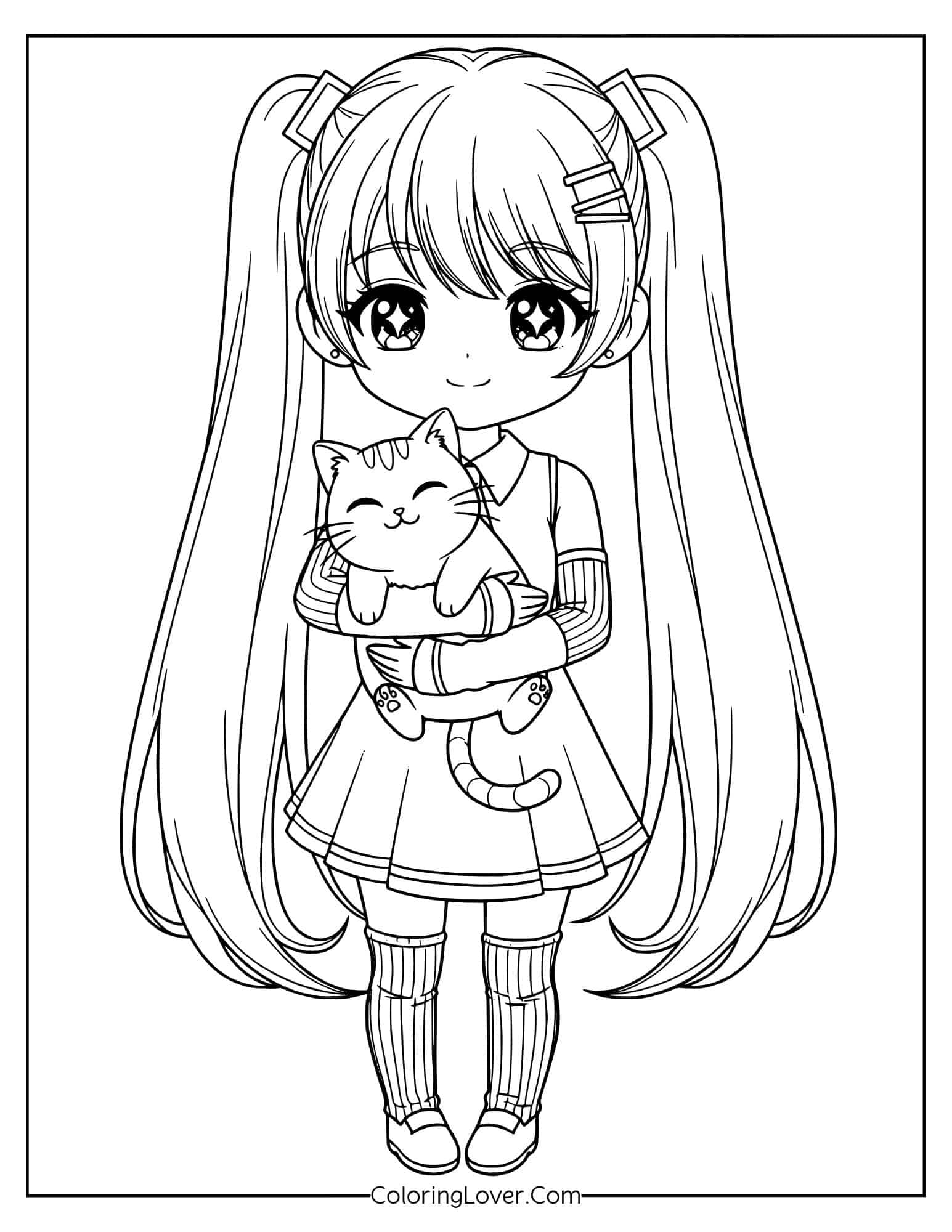 Coloring page of a kawaii anime girl with twin tails holding a cat