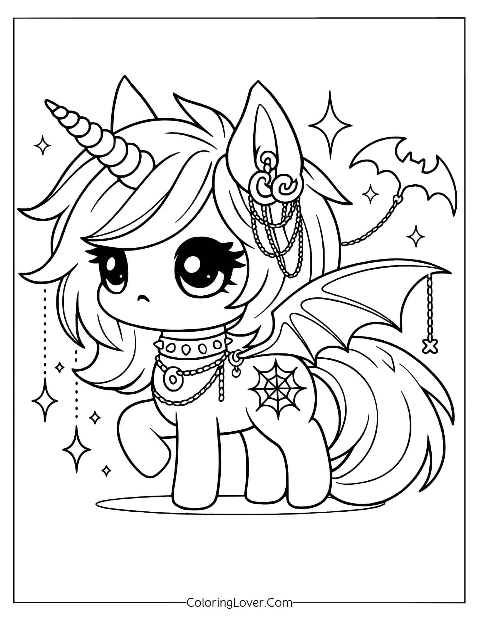 Coloring page of a kawaii bat-winged unicorn with jewelry and stars
