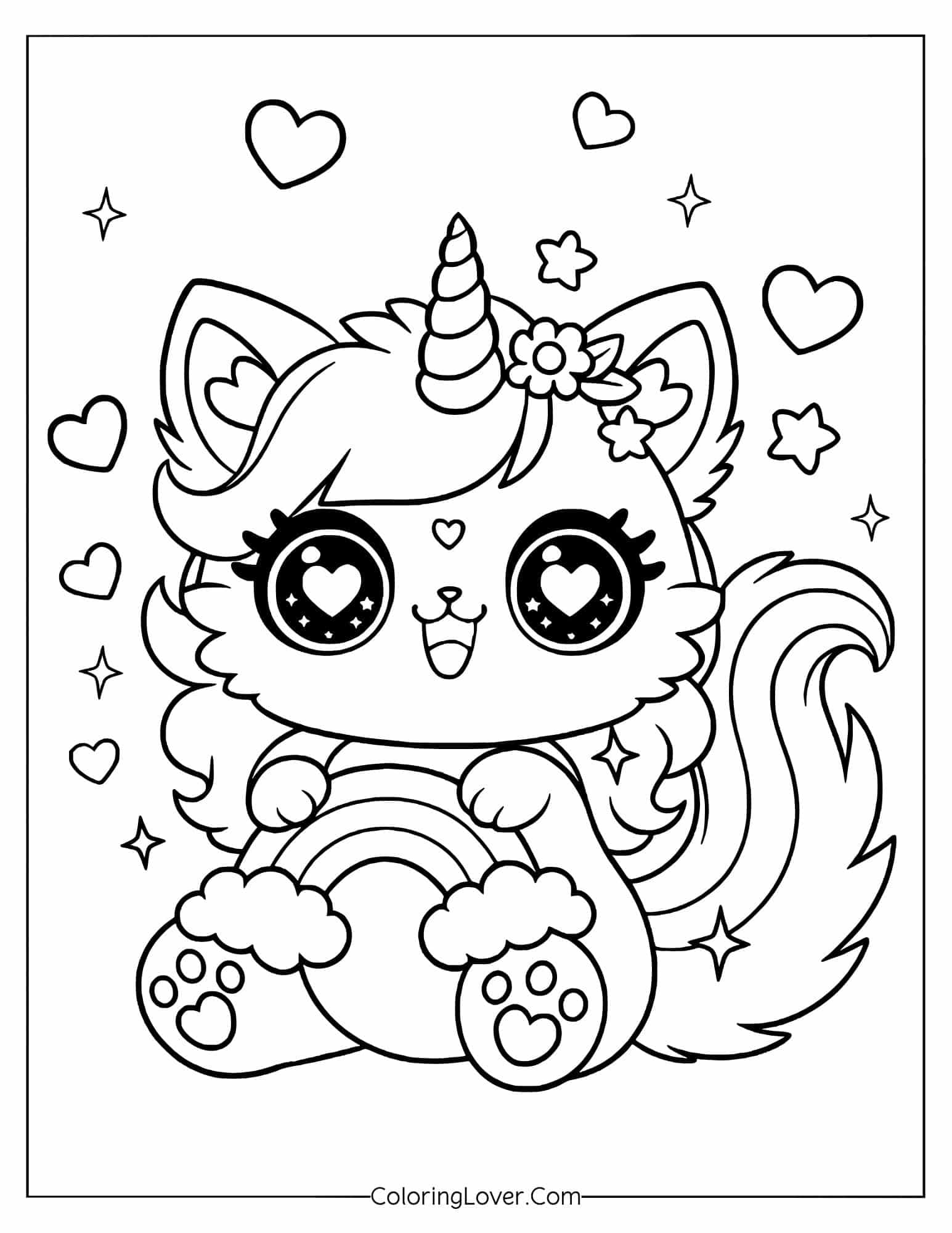 Coloring page of a kawaii cat unicorn with hearts and stars