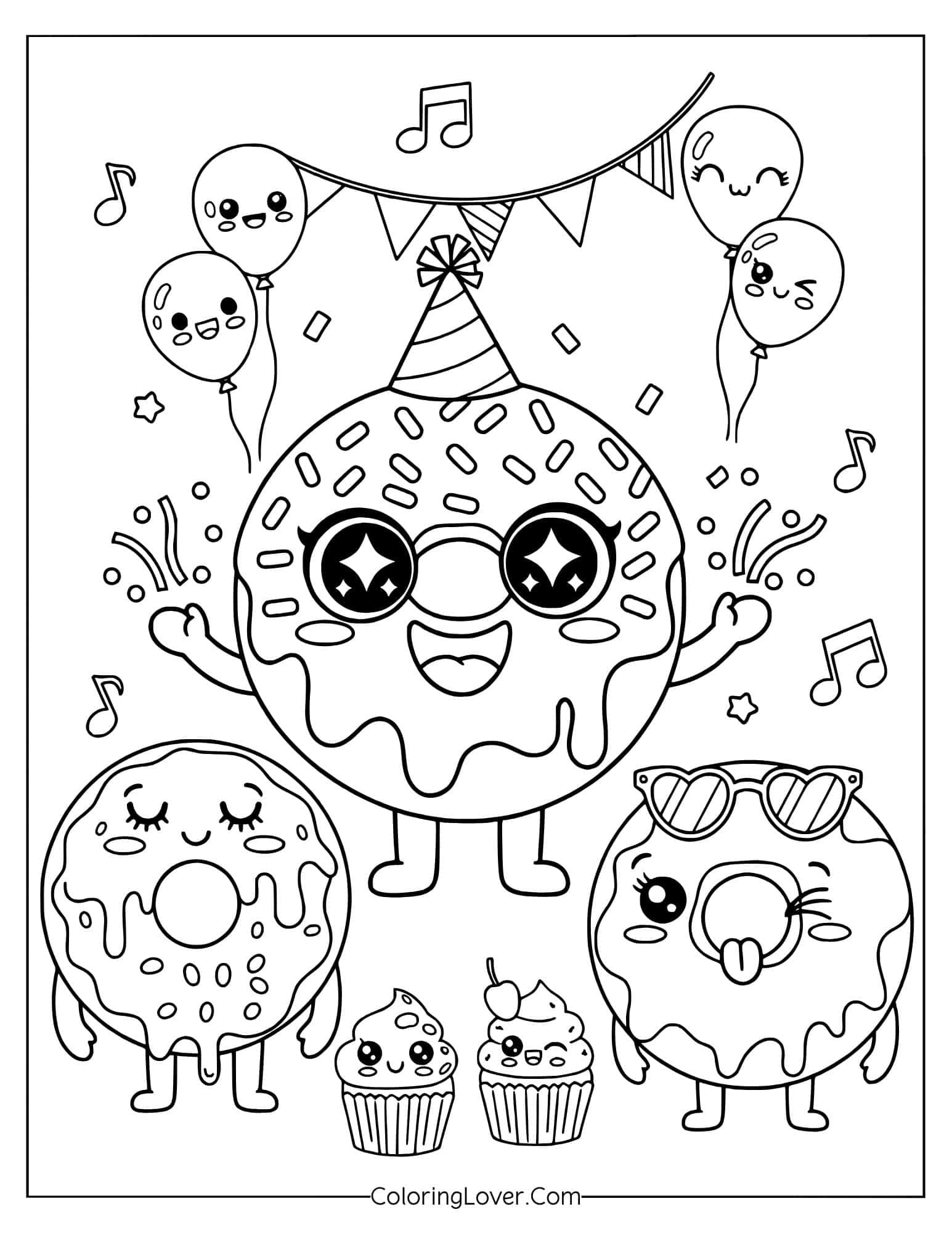 Coloring page of a kawaii cupcake party with music and decorations