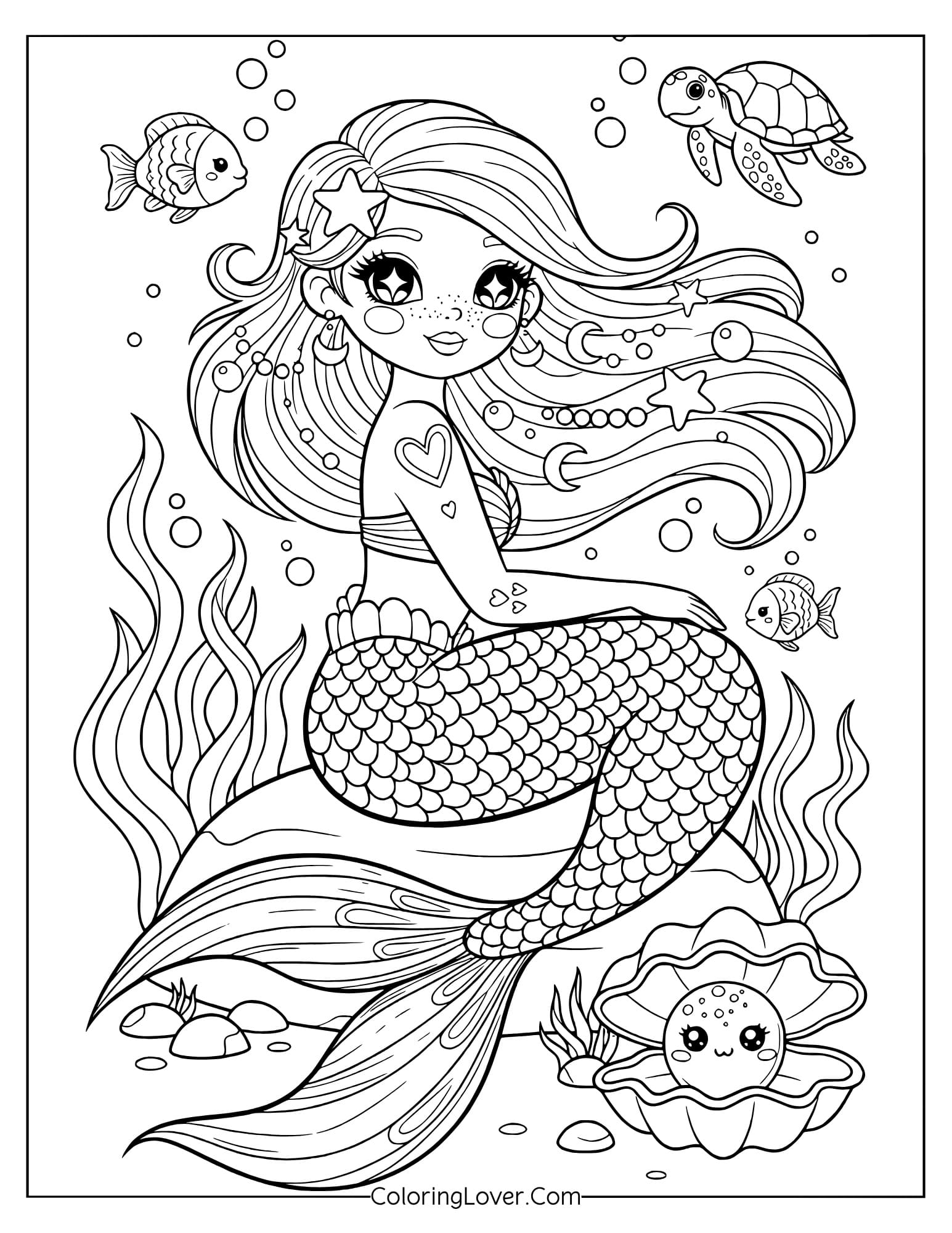 Coloring page of a kawaii mermaid underwater with fish and seashells