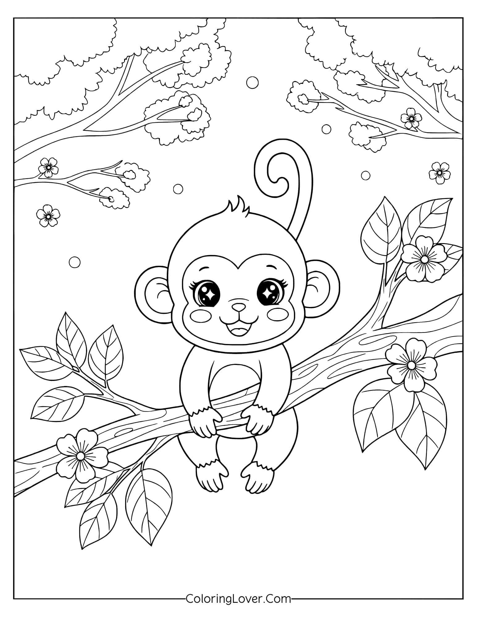 Coloring page of a kawaii monkey sitting on a tree branch