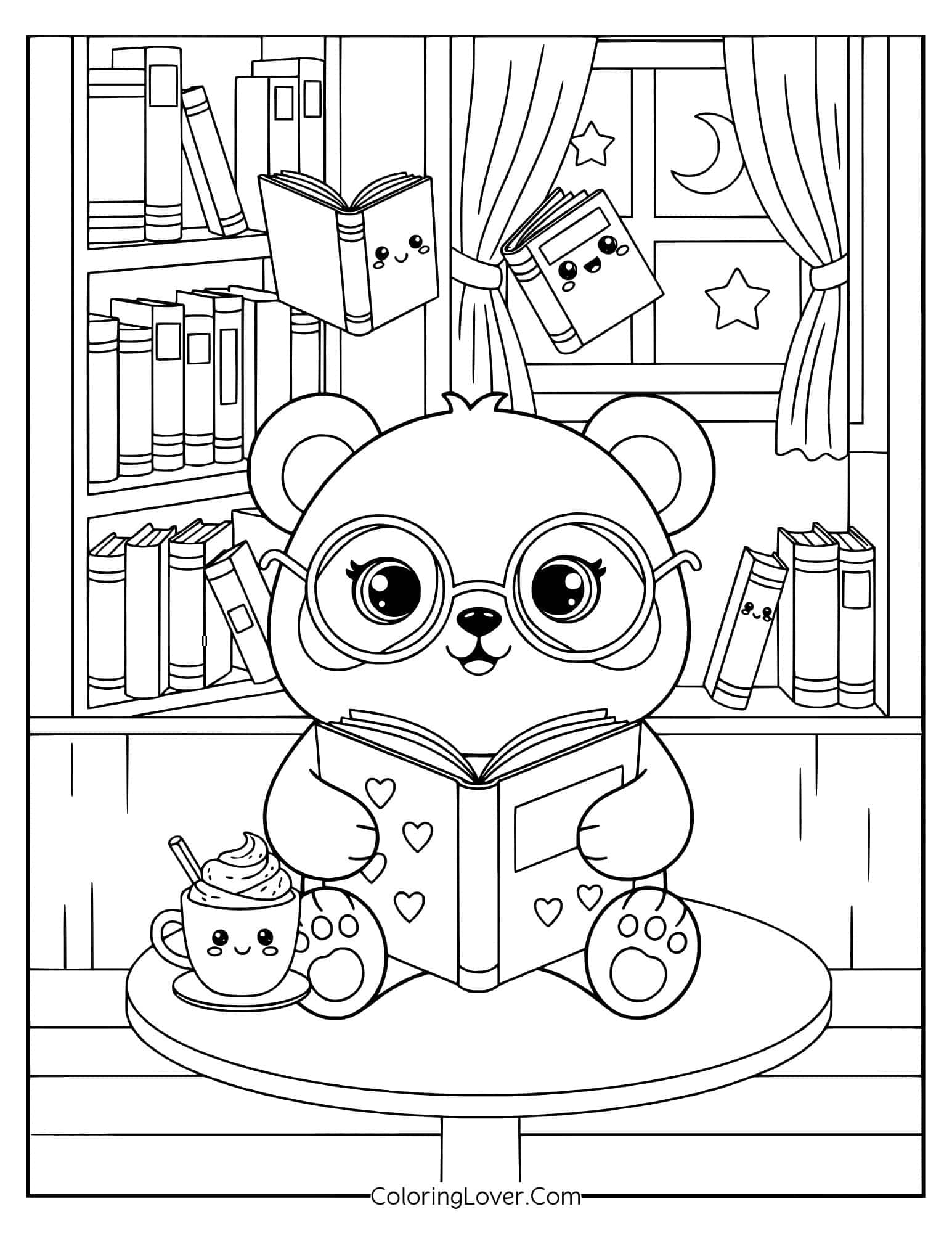 Coloring page of a kawaii panda reading in a cozy library room