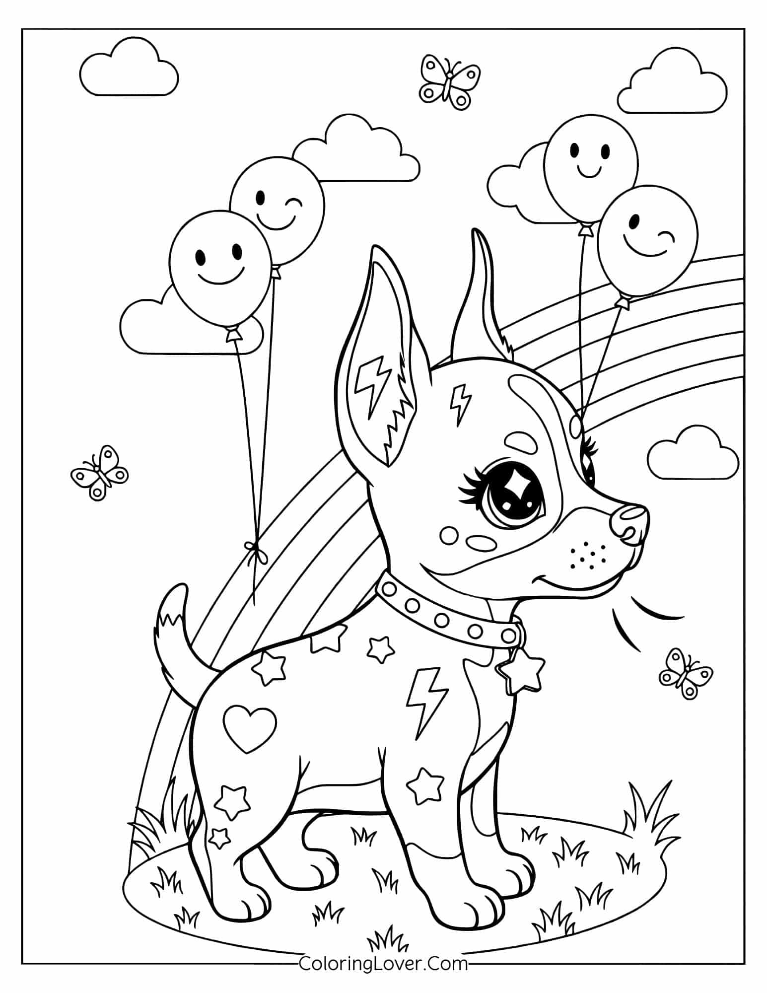 Coloring page of a kawaii puppy with rainbow, balloons, and clouds