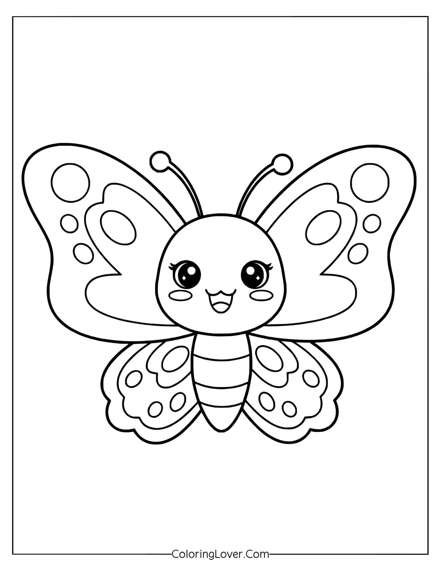 Coloring page of easy kawaii butterfly with big wings and smiling face