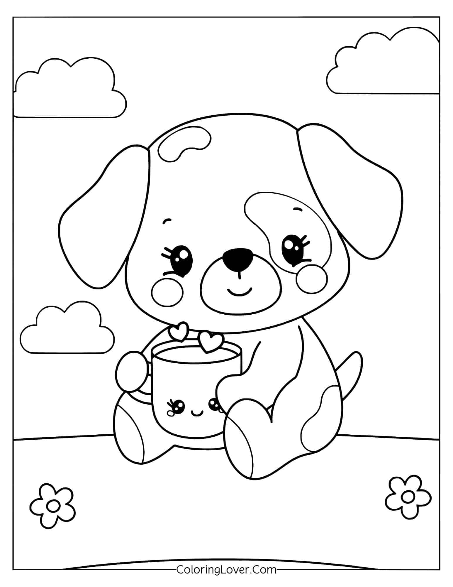 Coloring page of easy kawaii puppy holding a smiling cup with hearts