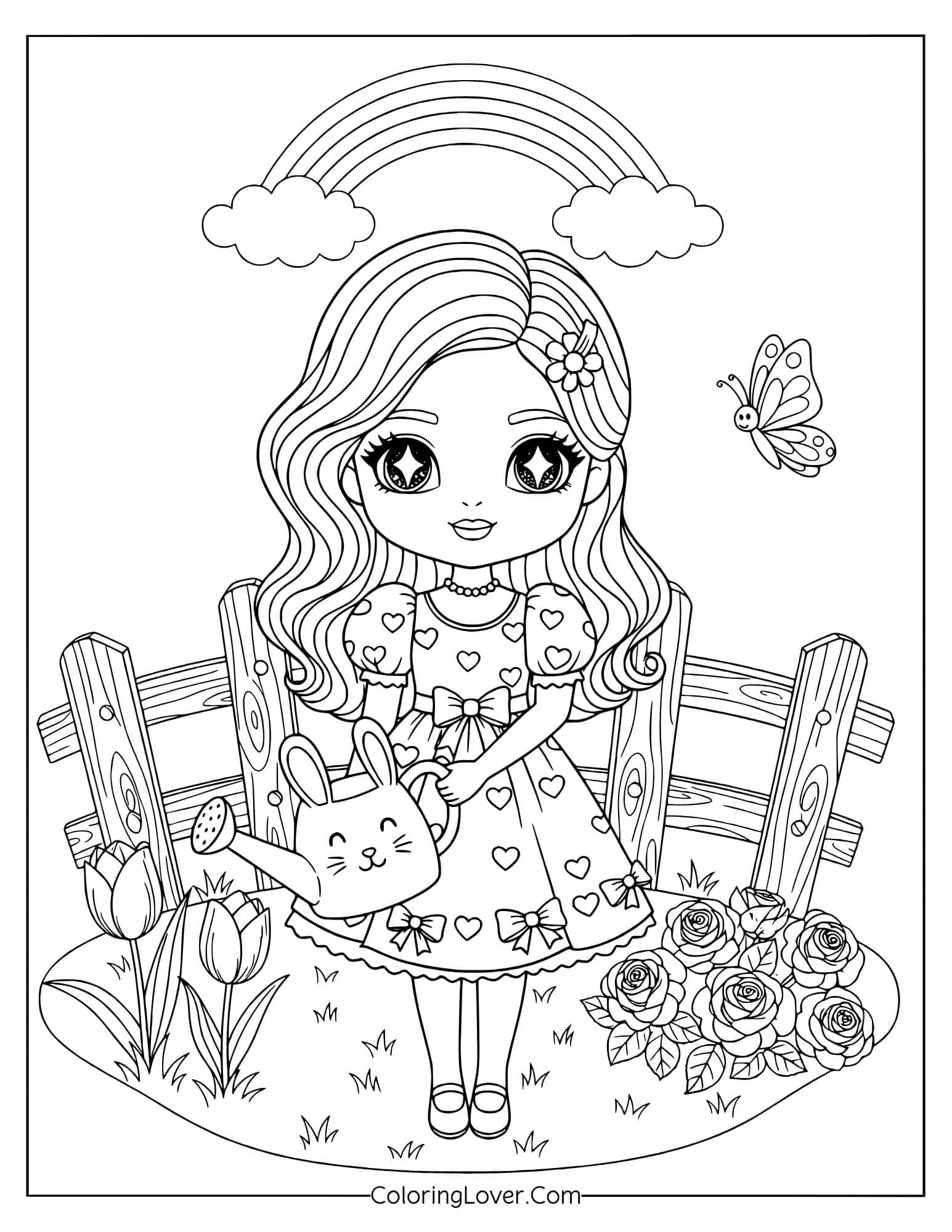 Coloring page of kawaii Barbie watering flowers under a rainbow