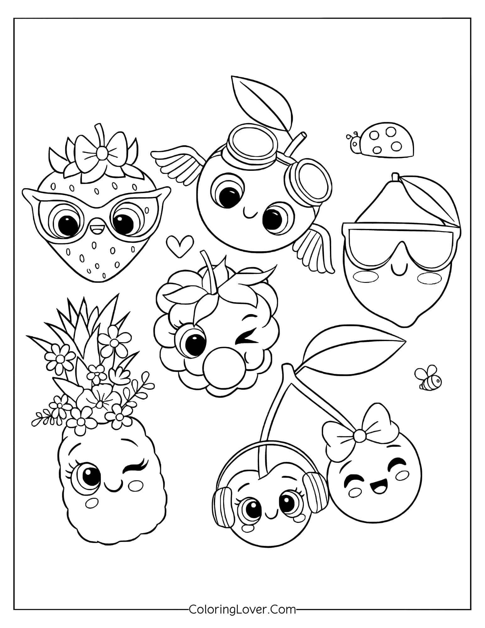 Coloring page of kawaii fruits wearing sunglasses with happy faces