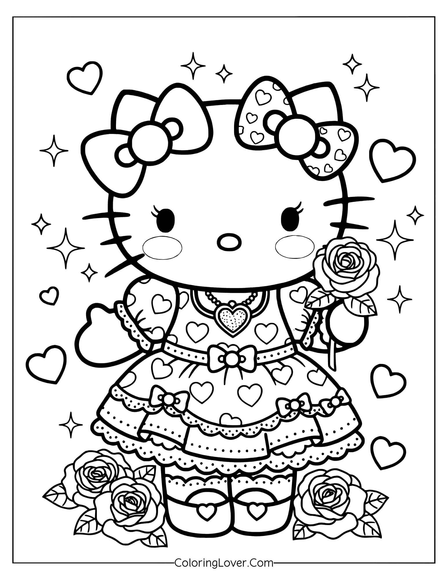 Coloring page of kawaii Hello Kitty in a dress with roses and hearts