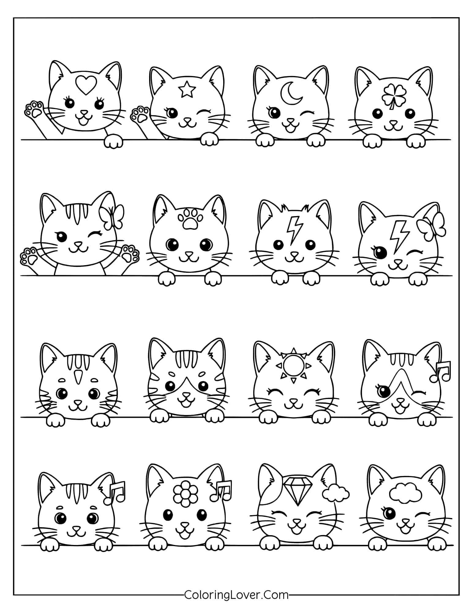 Coloring page of kawaii kittens peeking out from boxes in rows