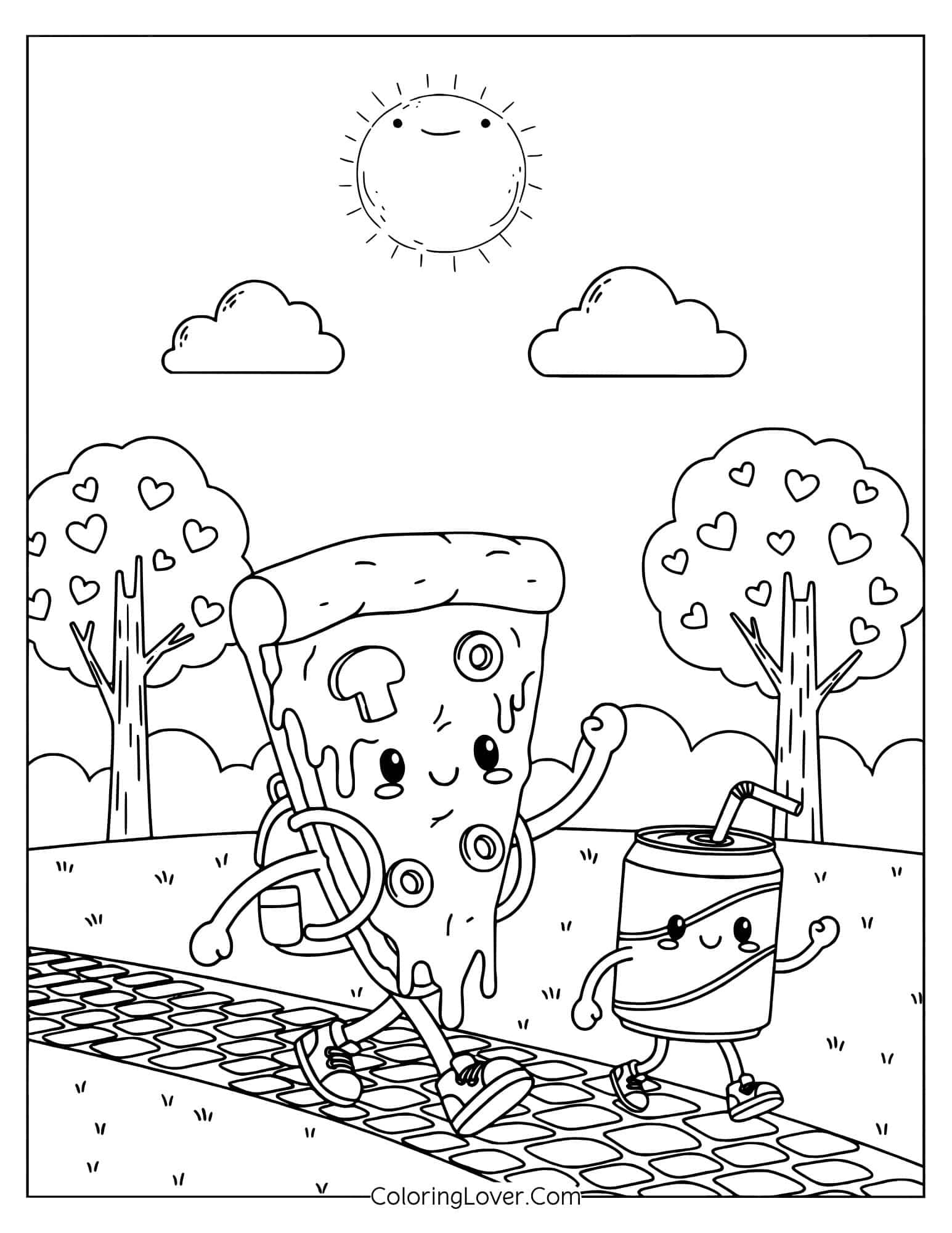 Coloring page of kawaii pizza and drink walking in the park