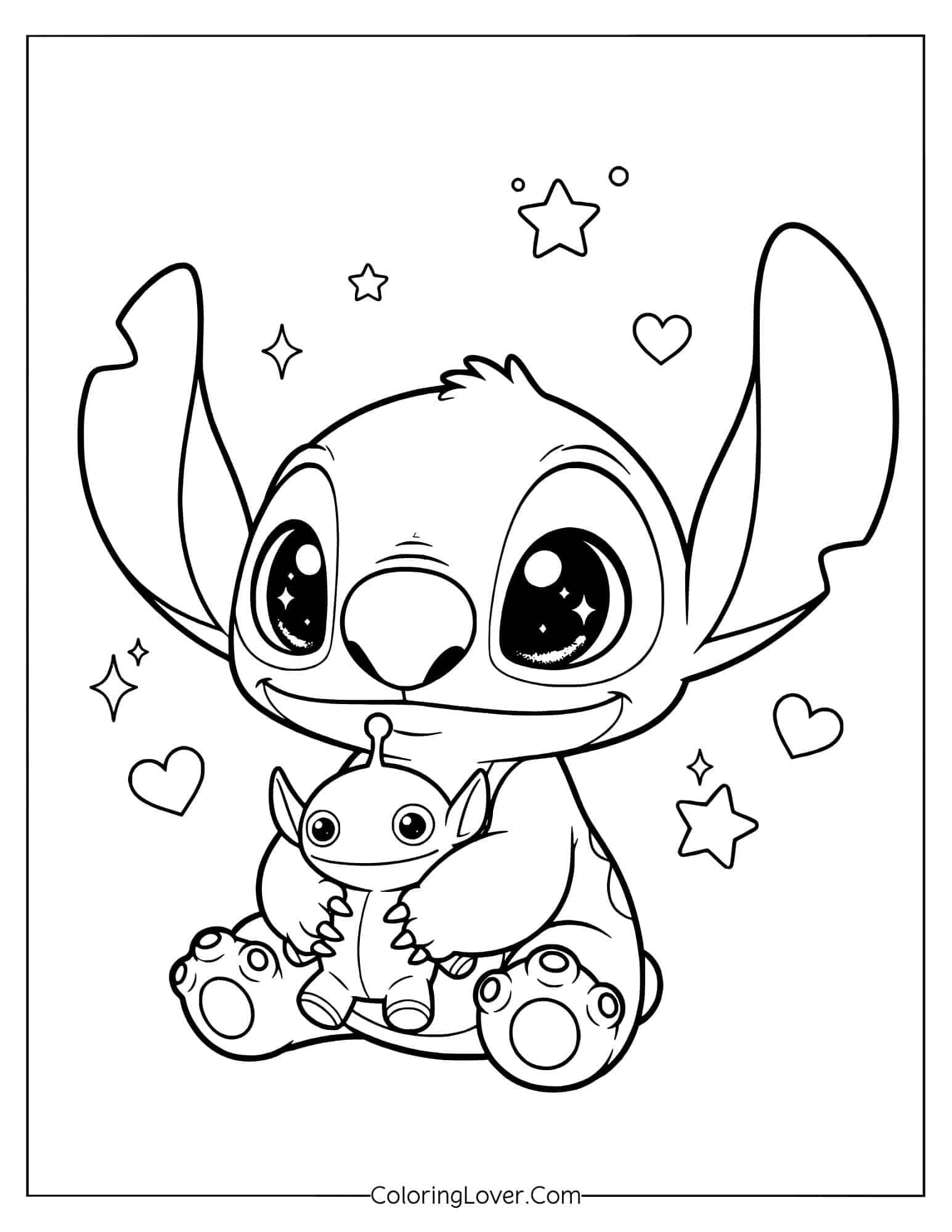 Coloring page of kawaii Stitch hugging a plush bunny with hearts