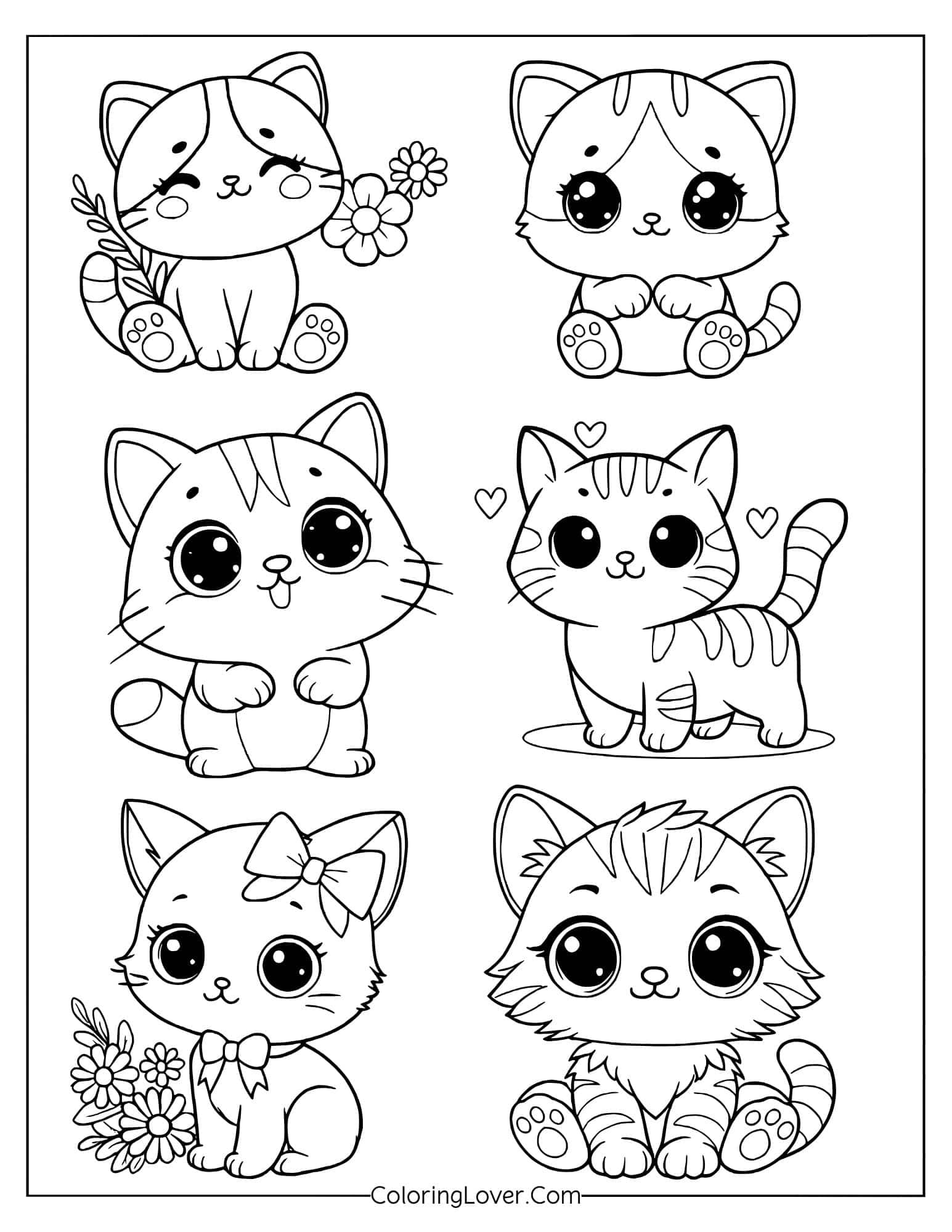 Coloring page of six kawaii kittens with flowers and bows