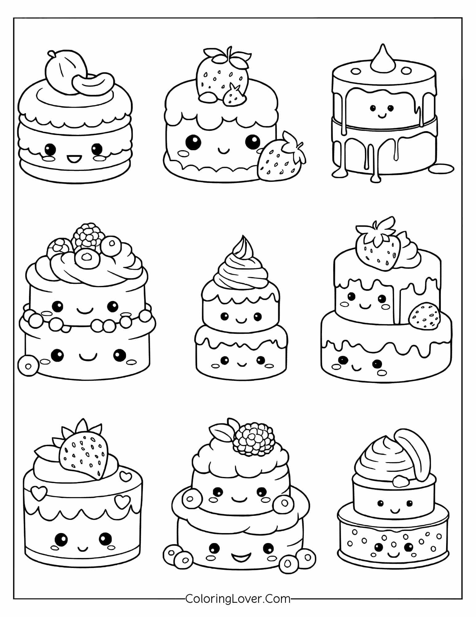Coloring page of various kawaii cakes with smiling faces and decorations