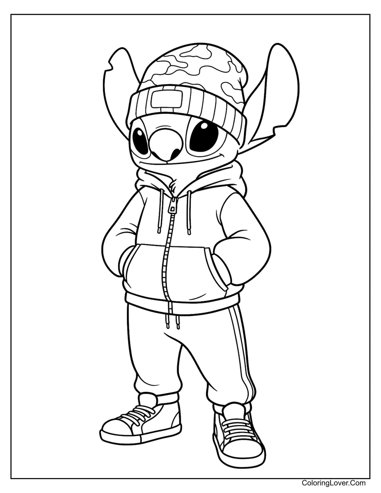 Cool Stitch in hoodie and cap for kids coloring page