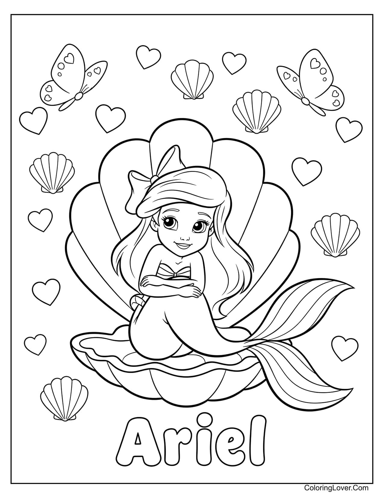 Cute Ariel mermaid surrounded by shells and butterflies coloring page