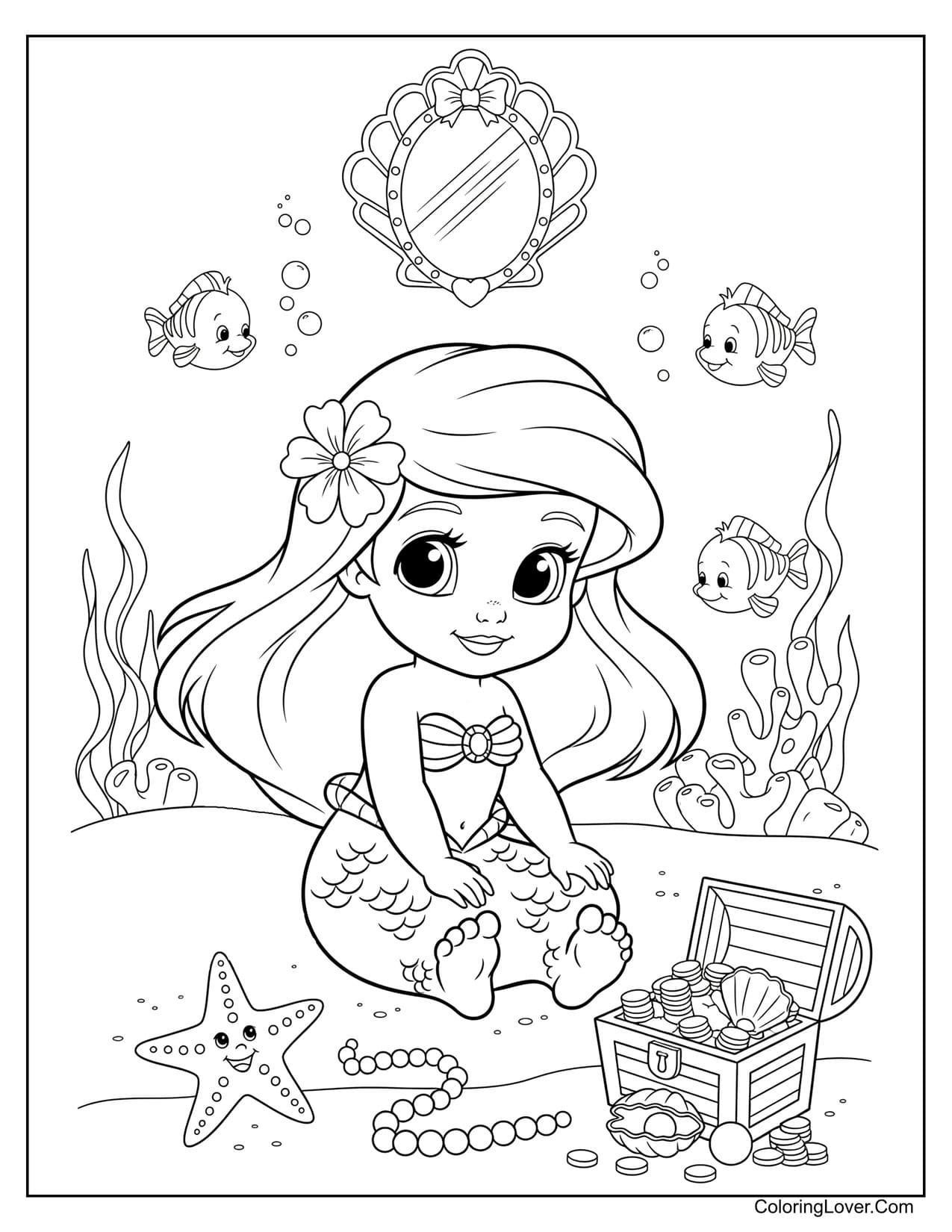 Cute Ariel seated beside treasure chest undersea coloring page