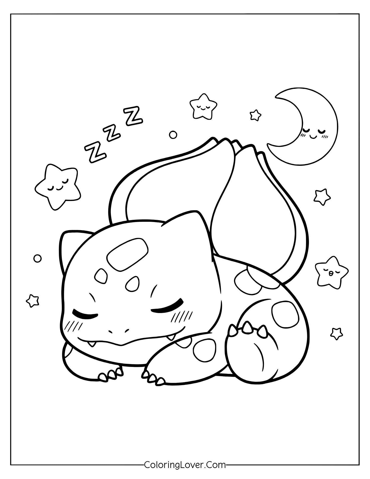 Cute baby Bulbasaur sleeping under stars and moon coloring page