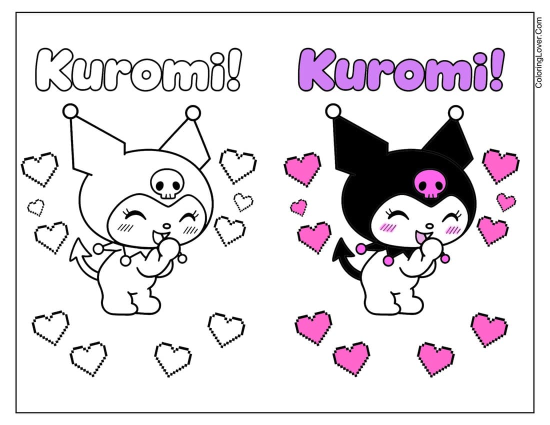 Cute Kuromi with hearts coloring page and colored sample