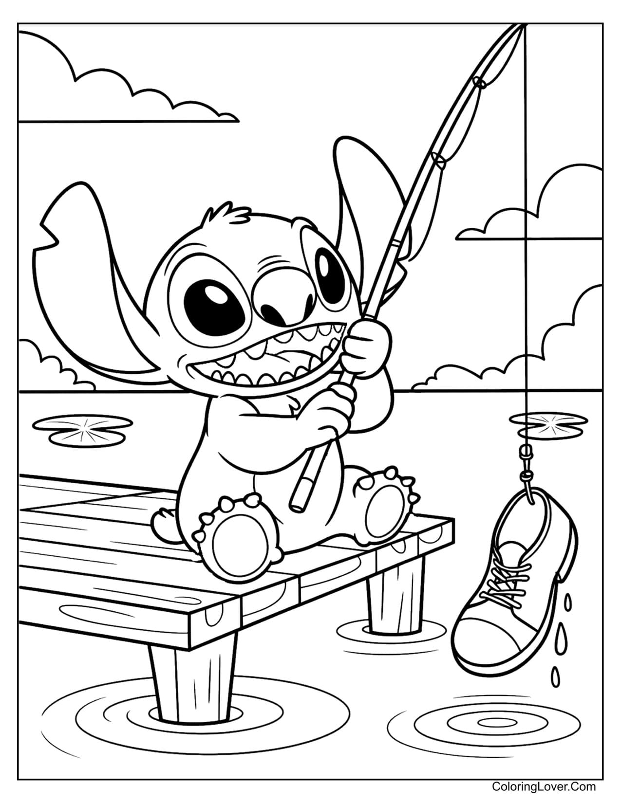 Cute Stitch fishing on wooden dock catching shoe coloring sheet