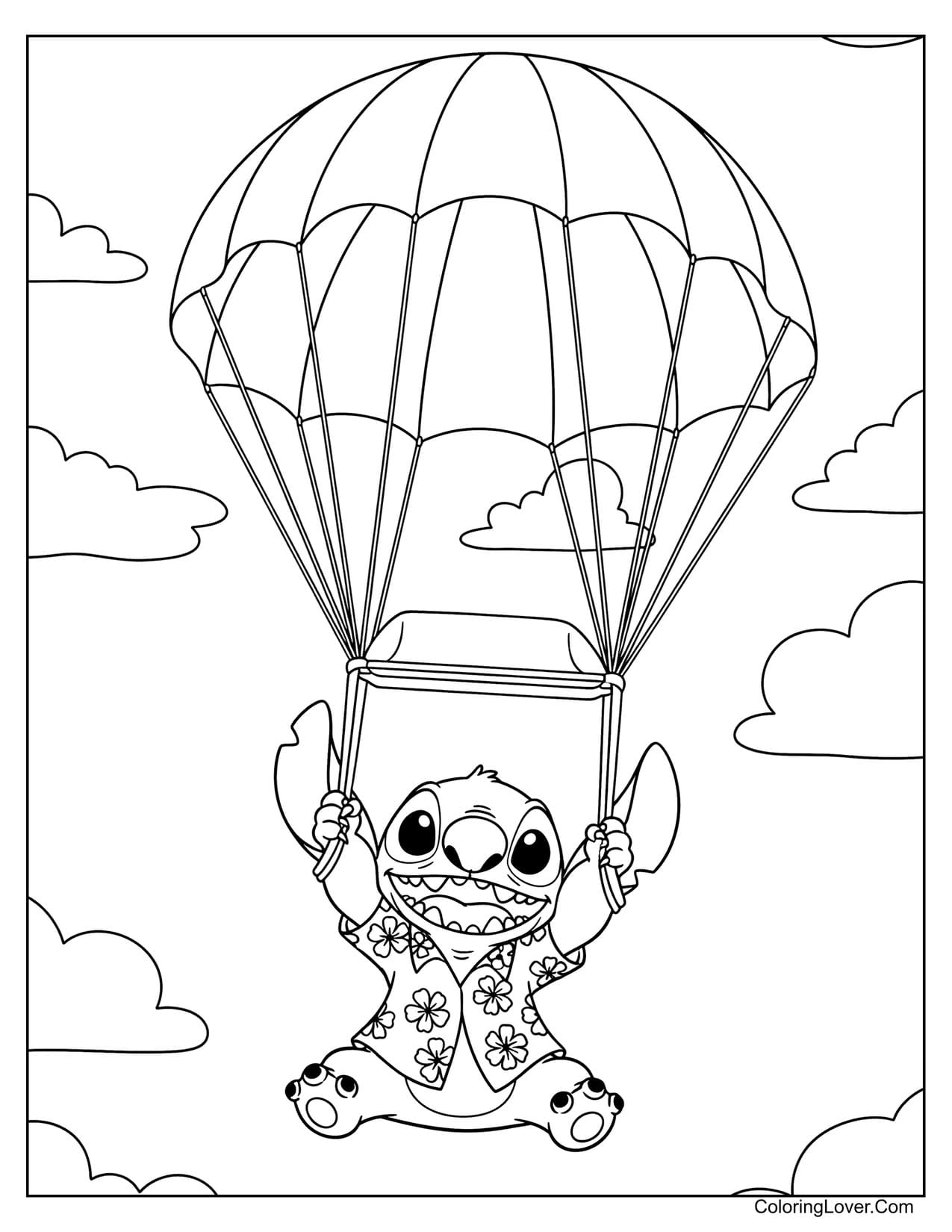 Cute Stitch parachuting from sky with tropical shirt coloring sheet