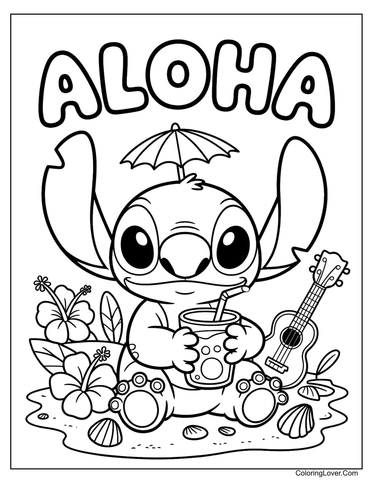 Cute Stitch sipping drink under umbrella with ukulele "ALOHA" coloring page
