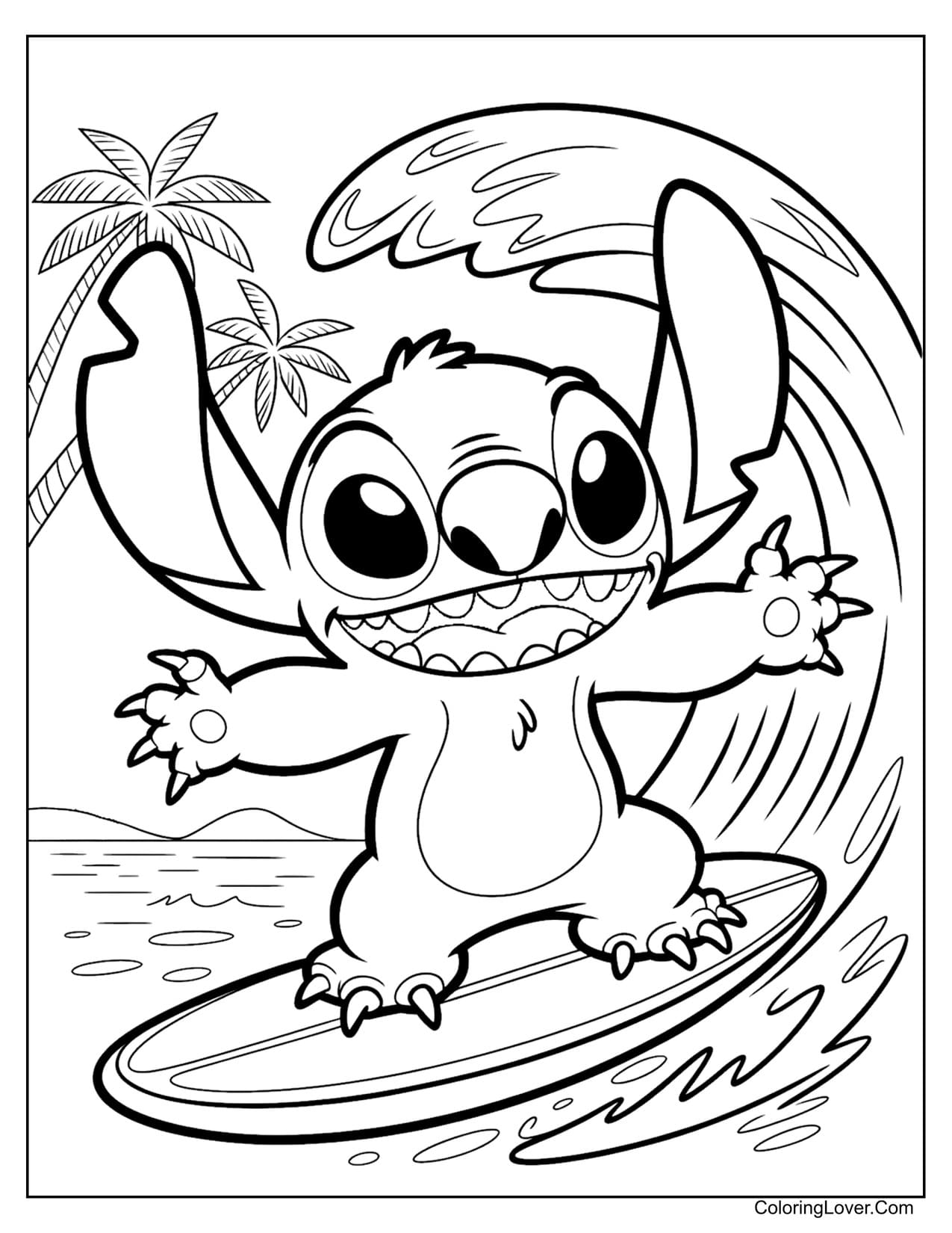 Cute Stitch surfing big wave with palm trees coloring page